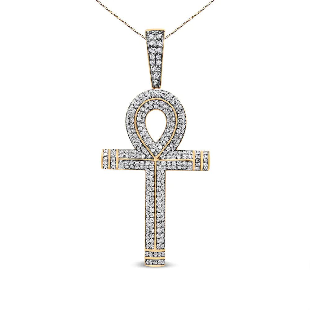 10K Yellow Gold 1 7/8 Cttw Round Diamond Ankh Cross Pendant Necklace for Men (H - I Color, SI1 - SI2 Clarity) - NO CHAIN INCLUDED - Jaazi Intl