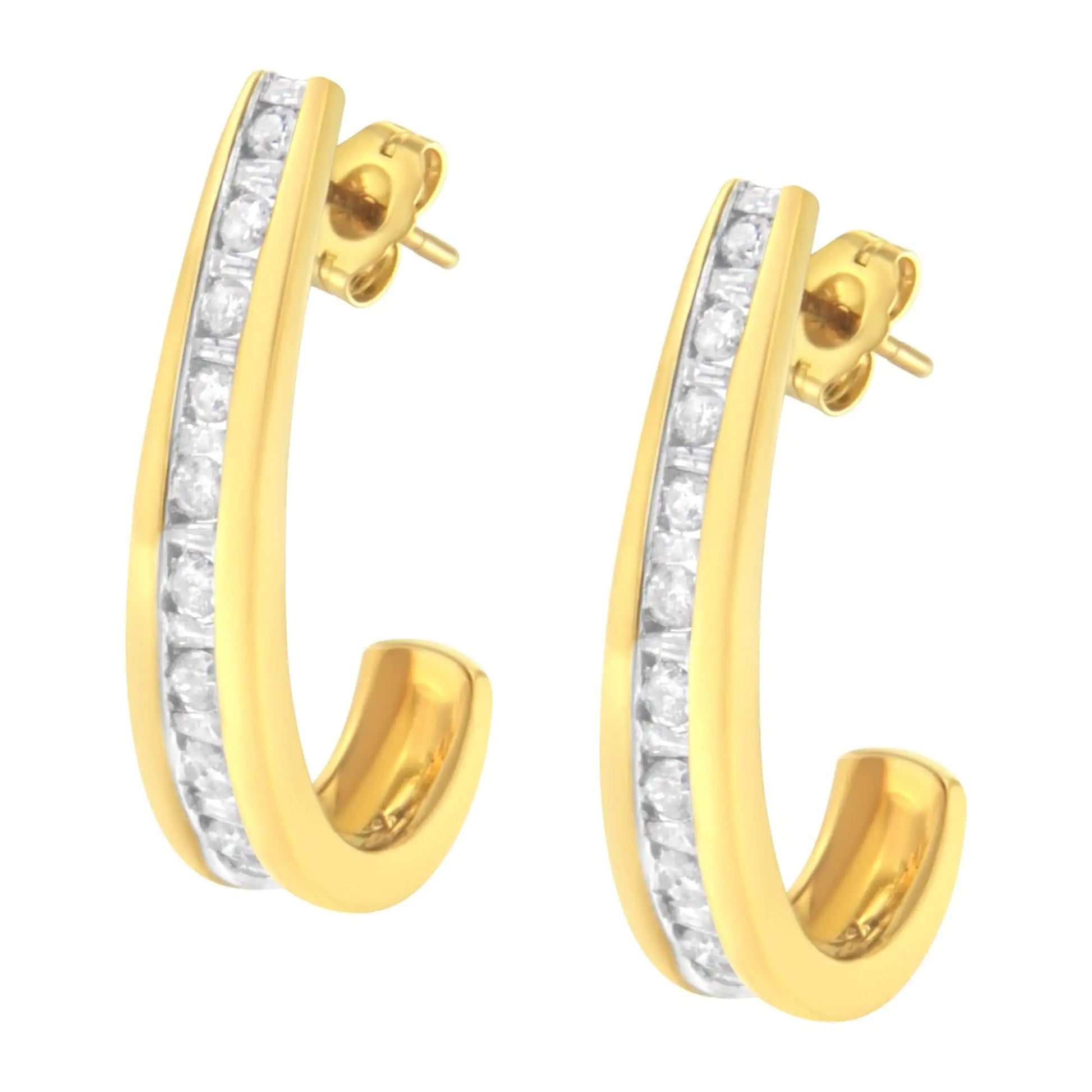 10K Yellow Gold 1 cttw Channel Set Diamond J - Hoop Earrings (H - I Clarity, I1 - I2 Color) - Jaazi Intl