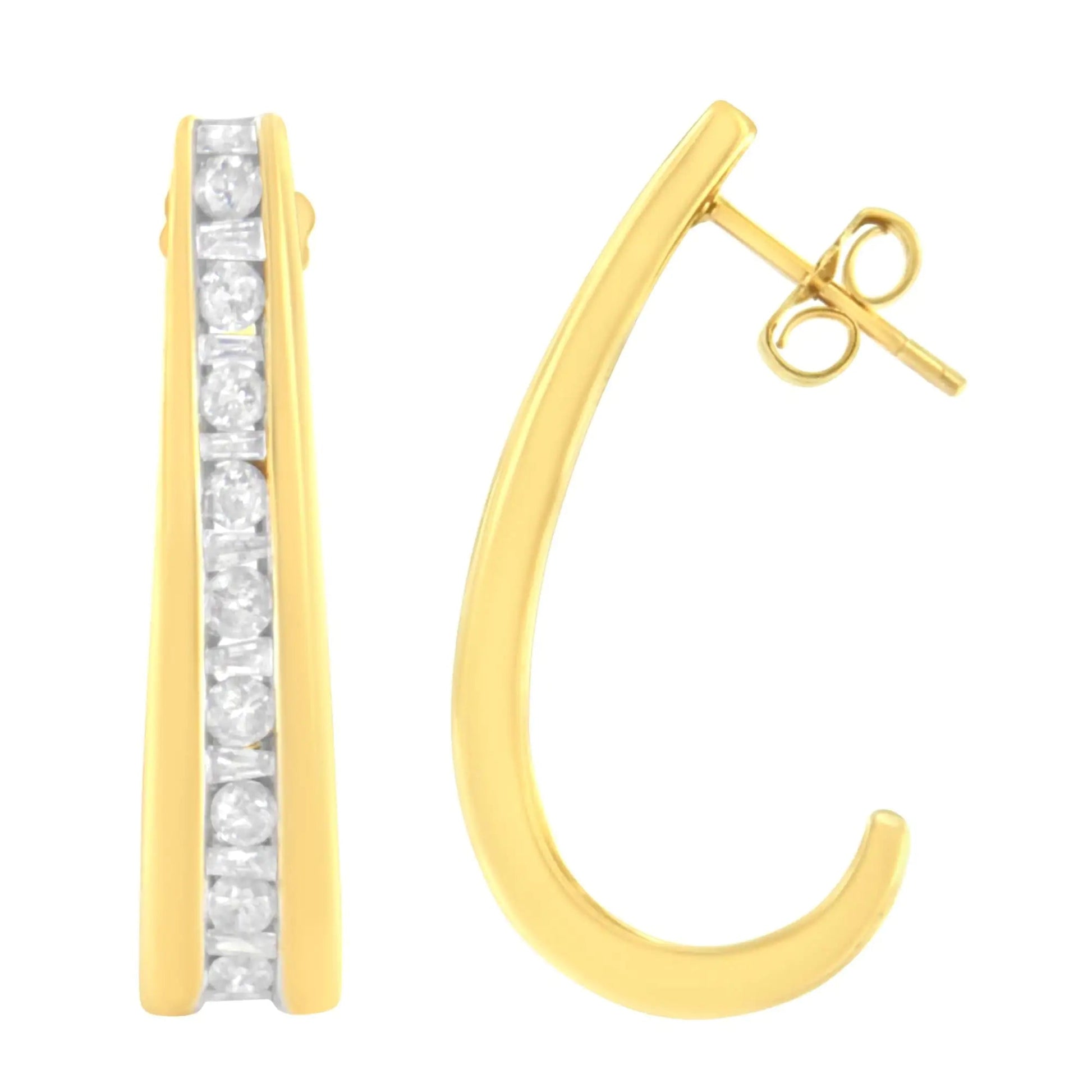 10K Yellow Gold 1 cttw Channel Set Diamond J - Hoop Earrings (H - I Clarity, I1 - I2 Color) - Jaazi Intl