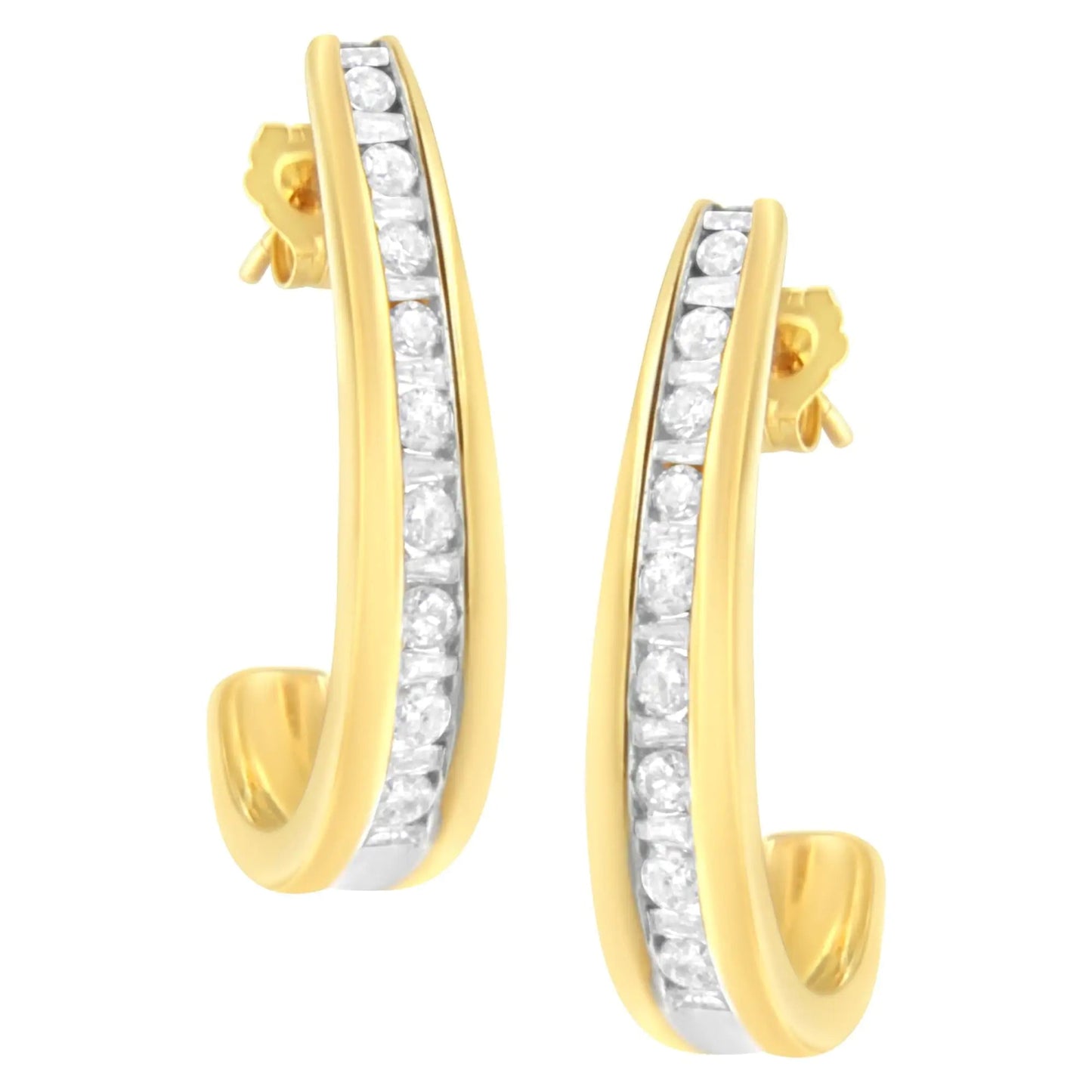 10K Yellow Gold 1 cttw Channel Set Diamond J - Hoop Earrings (H - I Clarity, I1 - I2 Color) - Jaazi Intl