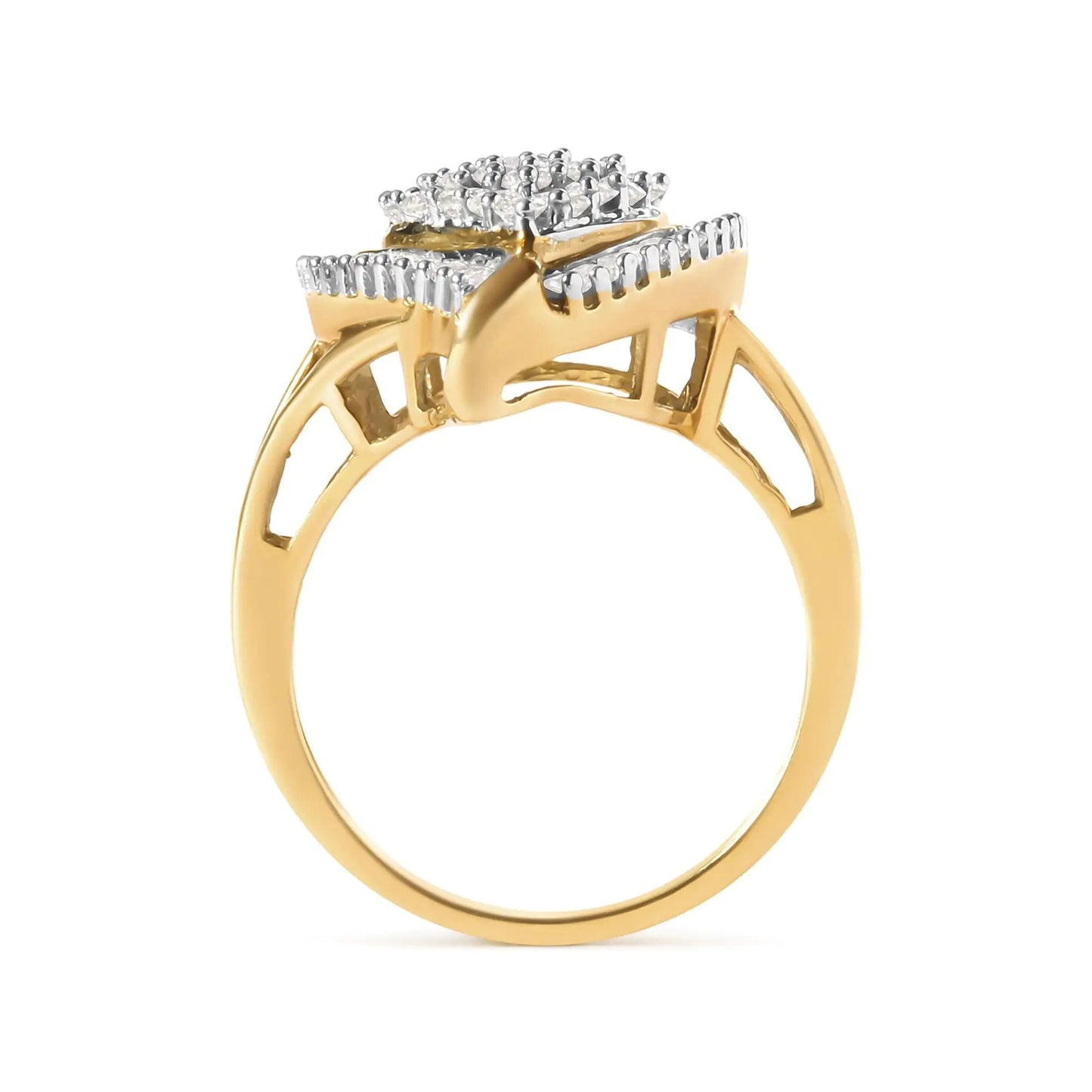 10K Yellow Gold 1 Cttw Round and Baguette Cut Diamond Ballerina Cluster Ring (H - I Color, SI2 - I1 Clarity) - Jaazi Intl