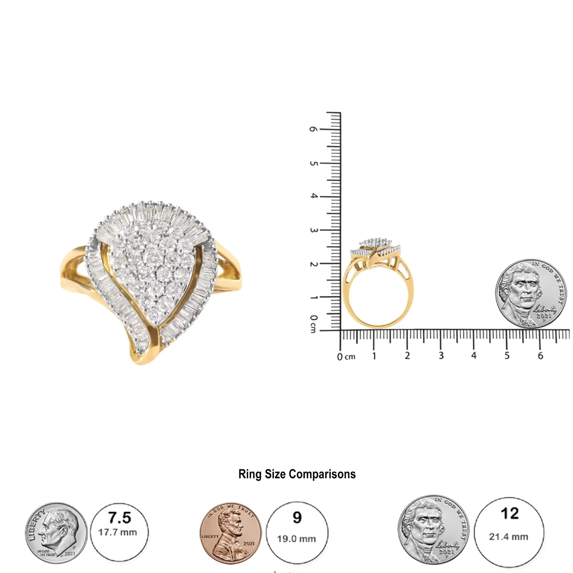 10K Yellow Gold 1 Cttw Round and Baguette Cut Diamond Ballerina Cluster Ring (H - I Color, SI2 - I1 Clarity) - Jaazi Intl