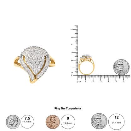 10K Yellow Gold 1 Cttw Round and Baguette Cut Diamond Ballerina Cluster Ring (H - I Color, SI2 - I1 Clarity) - Jaazi Intl