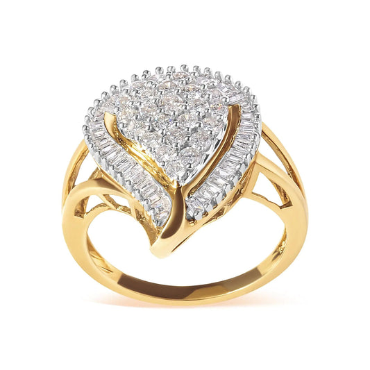 10K Yellow Gold 1 Cttw Round and Baguette Cut Diamond Ballerina Cluster Ring (H - I Color, SI2 - I1 Clarity) - Jaazi Intl