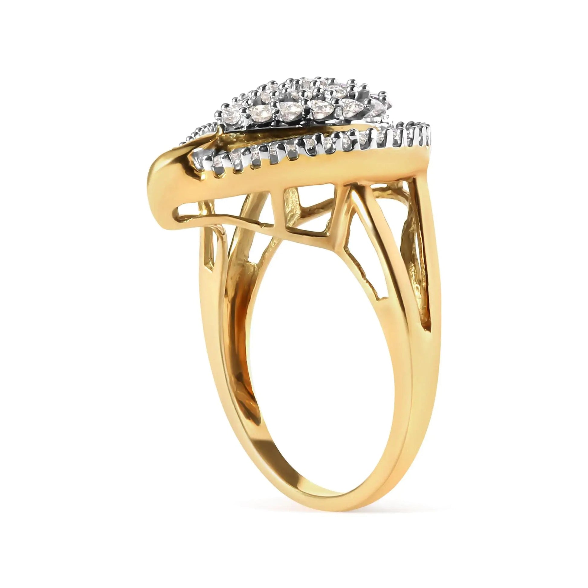 10K Yellow Gold 1 Cttw Round and Baguette Cut Diamond Ballerina Cluster Ring (H - I Color, SI2 - I1 Clarity) - Jaazi Intl