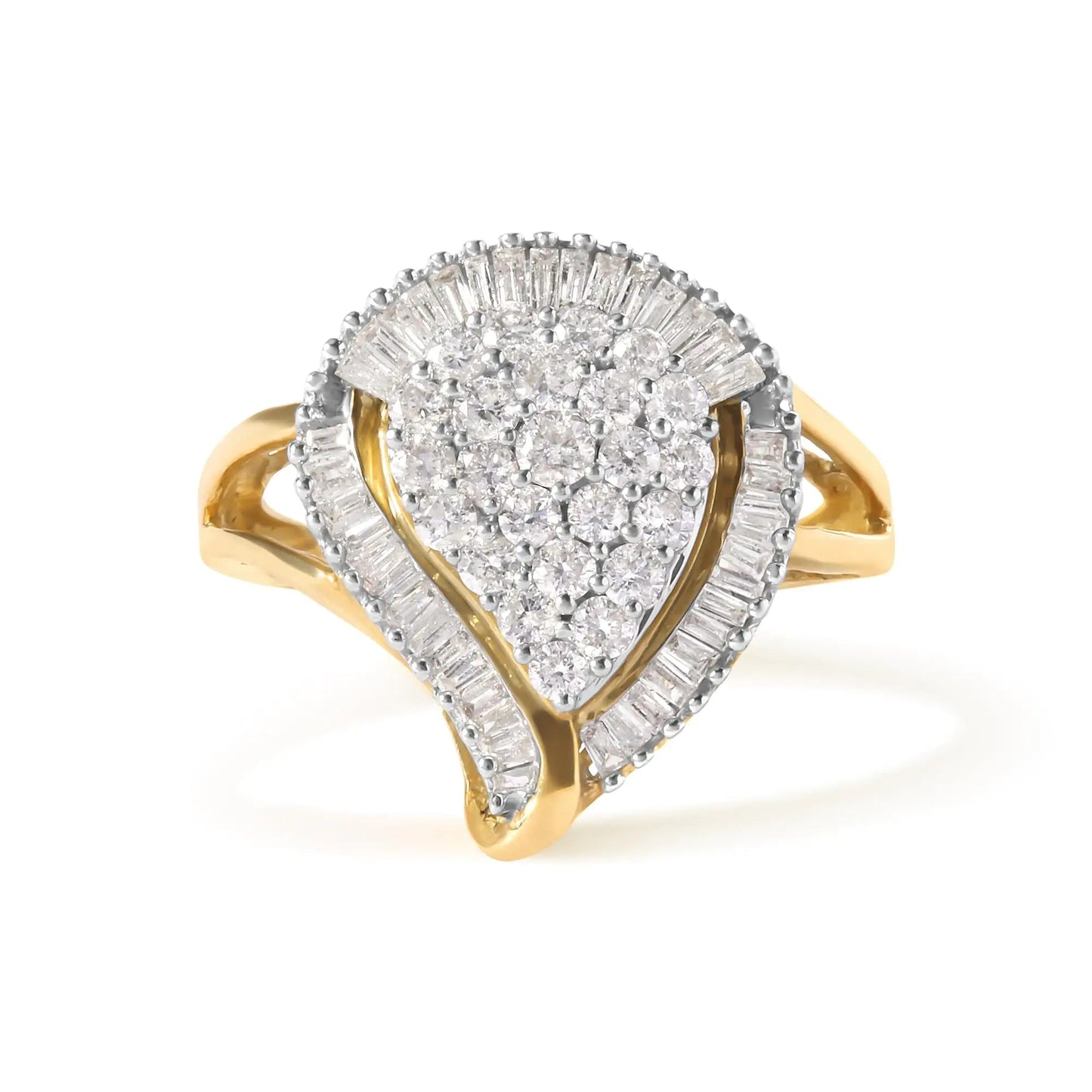 10K Yellow Gold 1 Cttw Round and Baguette Cut Diamond Ballerina Cluster Ring (H - I Color, SI2 - I1 Clarity) - Jaazi Intl