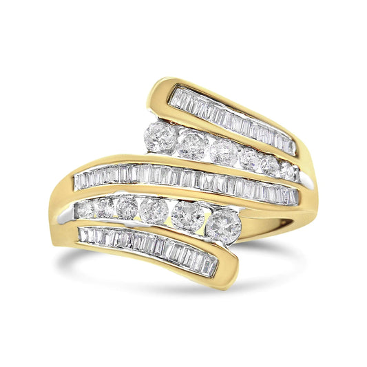 10K Yellow Gold 1 Cttw Round and Baguette - Cut Diamond Multi Row Bypass Ring Band (H - I Color, I1 - I2 Clarity) - Jaazi International