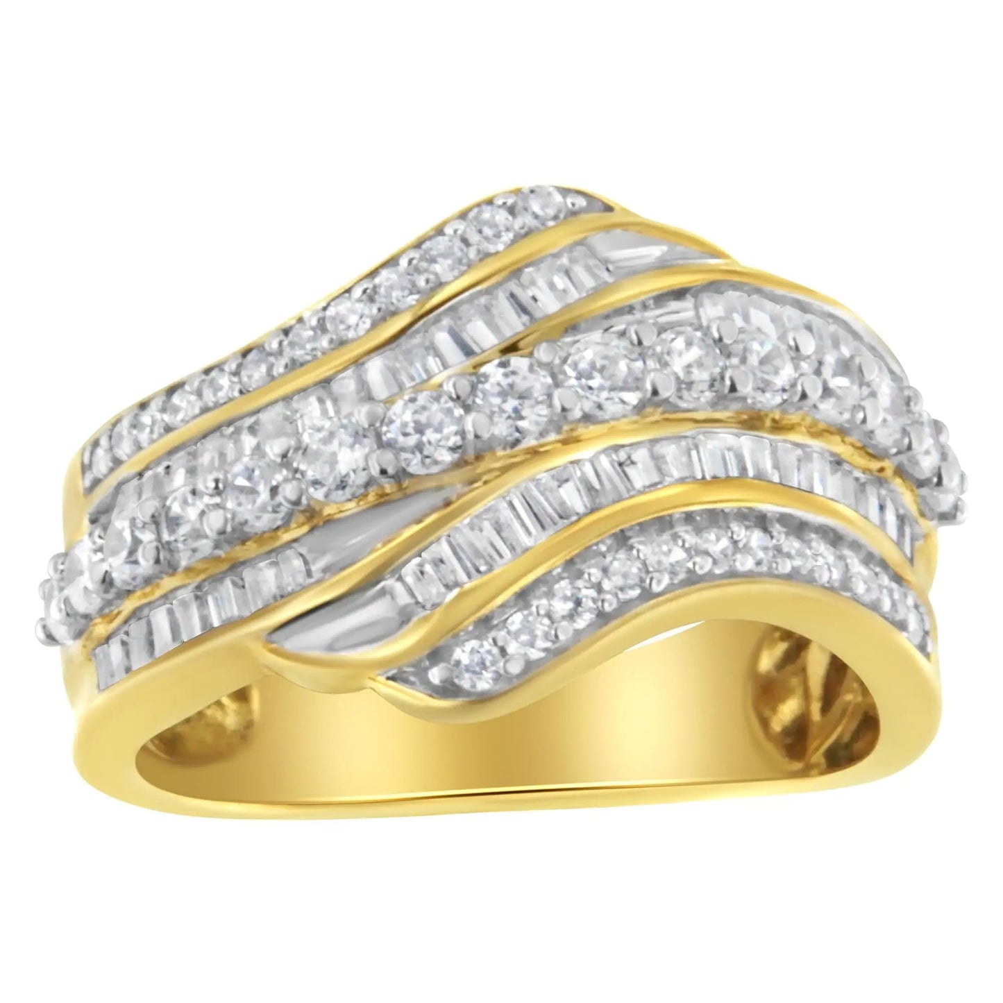 10K Yellow Gold 1.0 Cttw Baguette and Round Diamond Multi - Row Wave Bypass Ring (I - J Color, I1 - I2 Clarity) - Jaazi Intl