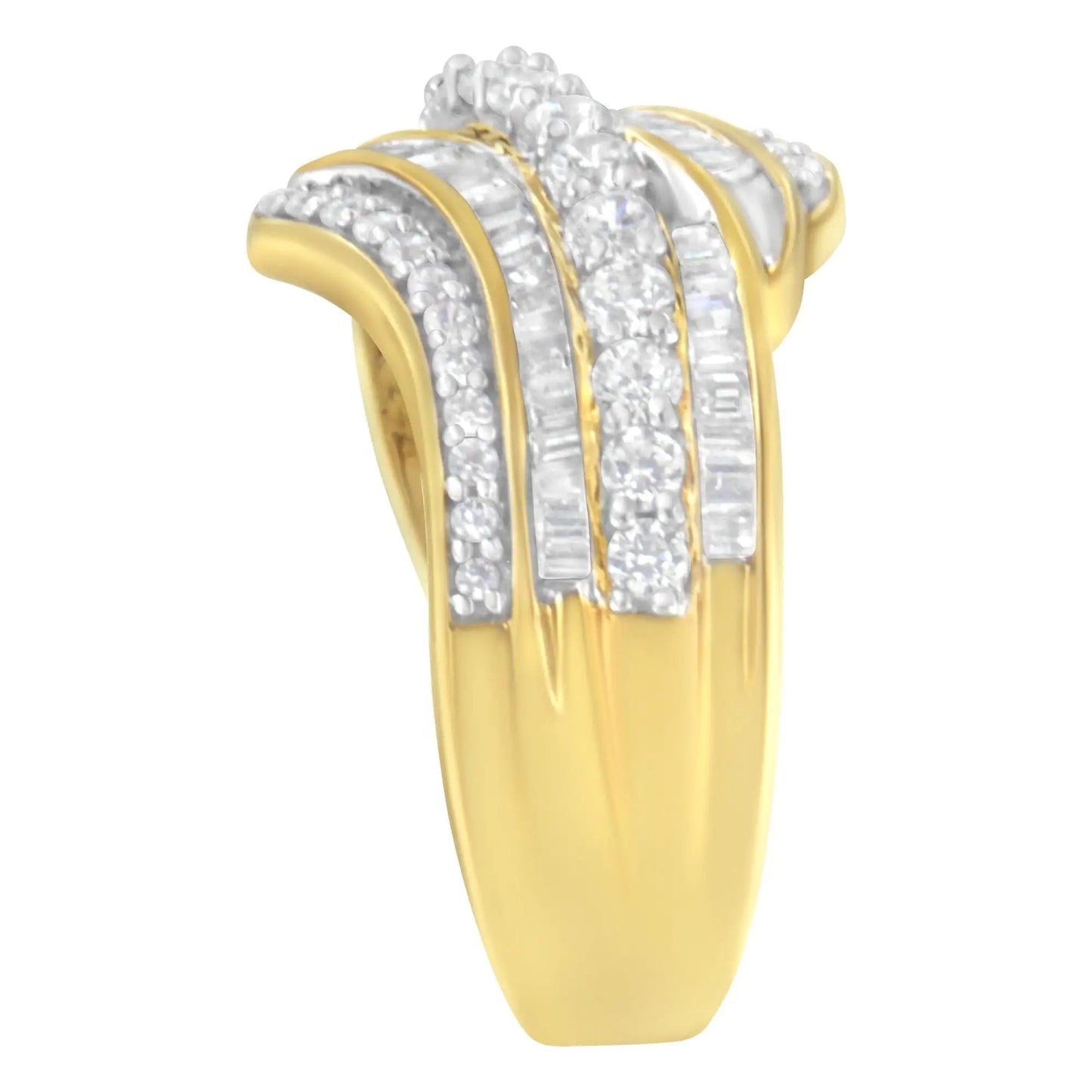 10K Yellow Gold 1.0 Cttw Baguette and Round Diamond Multi - Row Wave Bypass Ring (I - J Color, I1 - I2 Clarity) - Jaazi Intl