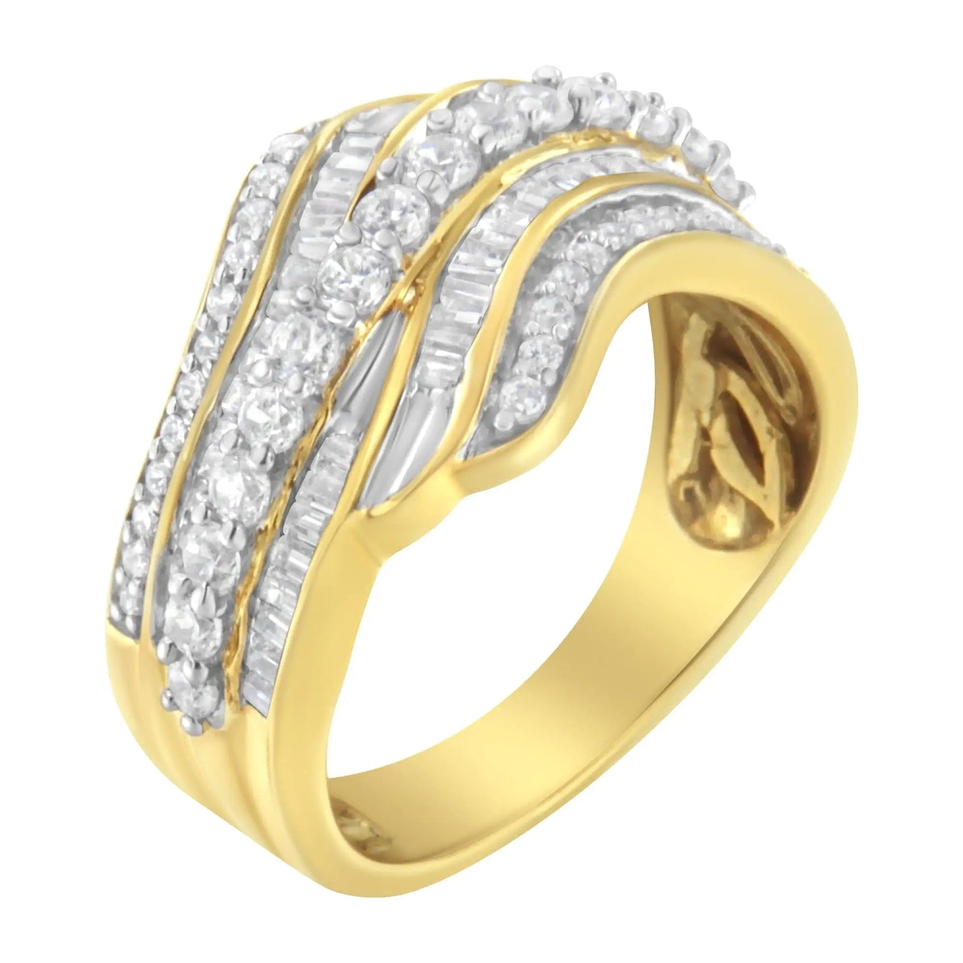 10K Yellow Gold 1.0 Cttw Baguette and Round Diamond Multi - Row Wave Bypass Ring (I - J Color, I1 - I2 Clarity) - Jaazi Intl