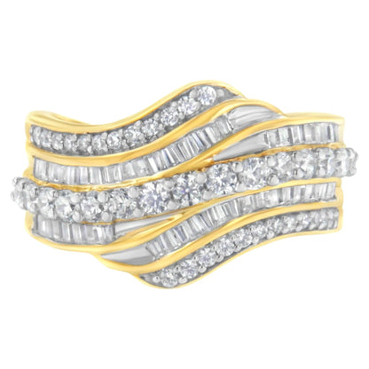 10K Yellow Gold 1.0 Cttw Baguette and Round Diamond Multi - Row Wave Bypass Ring (I - J Color, I1 - I2 Clarity) - Jaazi Intl