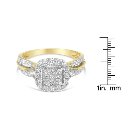 10K Yellow Gold 1.0 Cttw Diamond Composite Cushion - Shape Halo 3 - Band - Look Engagement Ring (H - I Color, SI1 - SI2 Clarity) - Jaazi Intl