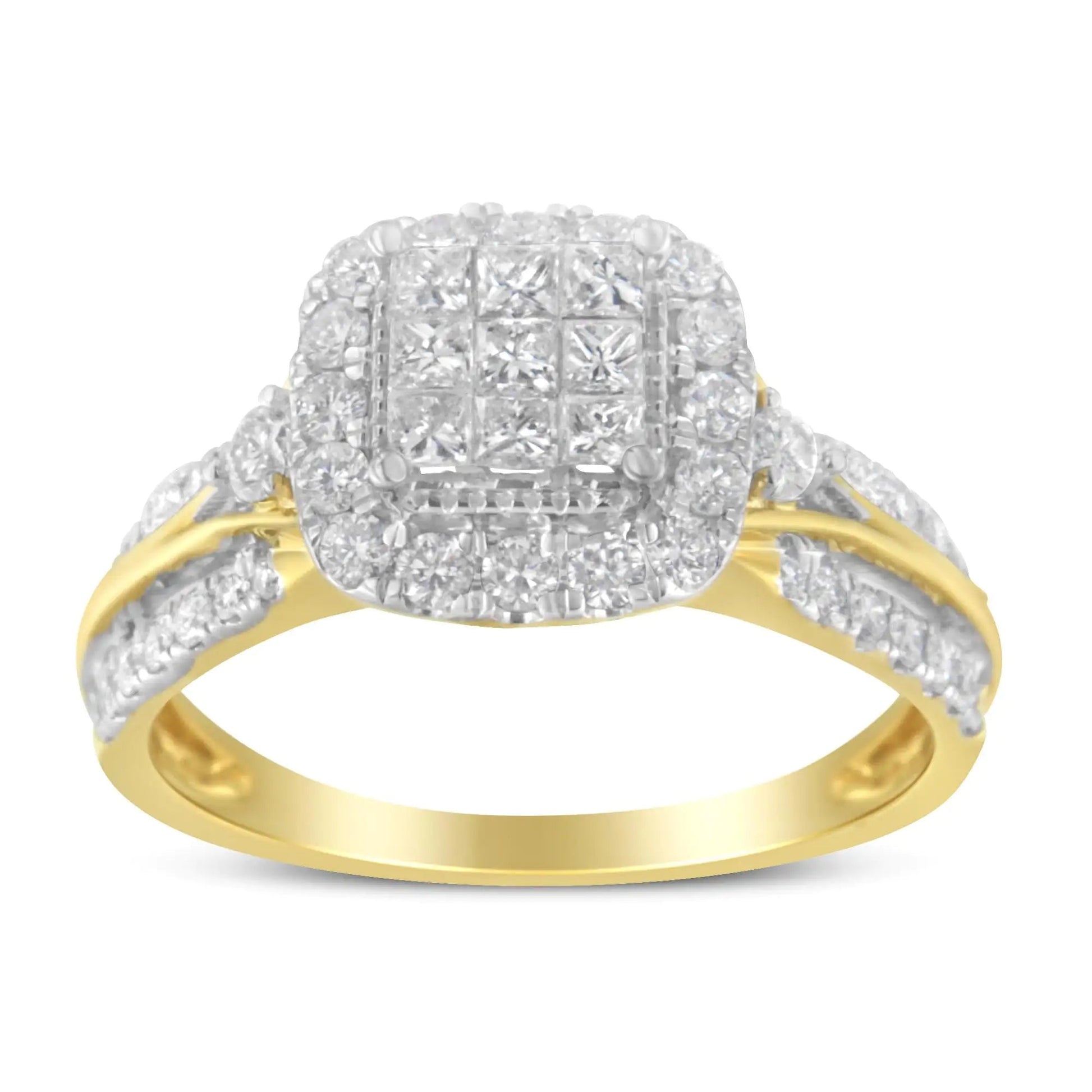 10K Yellow Gold 1.0 Cttw Diamond Composite Cushion - Shape Halo 3 - Band - Look Engagement Ring (H - I Color, SI1 - SI2 Clarity) - Jaazi Intl