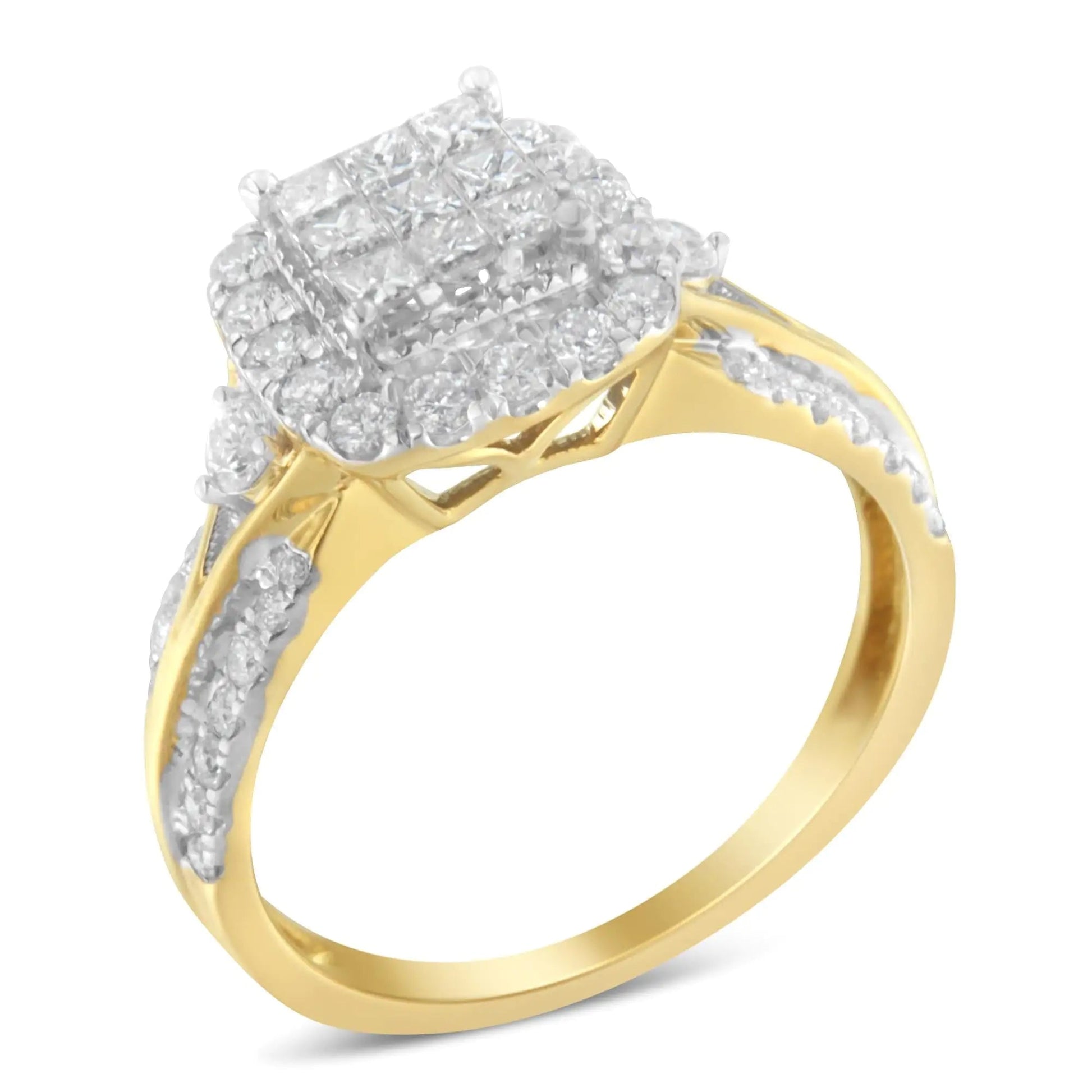 10K Yellow Gold 1.0 Cttw Diamond Composite Cushion - Shape Halo 3 - Band - Look Engagement Ring (H - I Color, SI1 - SI2 Clarity) - Jaazi Intl