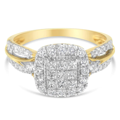 10K Yellow Gold 1.0 Cttw Diamond Composite Cushion - Shape Halo 3 - Band - Look Engagement Ring (H - I Color, SI1 - SI2 Clarity) - Jaazi Intl