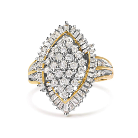 10K Yellow Gold 1.0 Cttw Round and Baguette - Cut Diamond Cluster Ring (I - J Color, SI2 - I1 Clarity) - Jaazi International