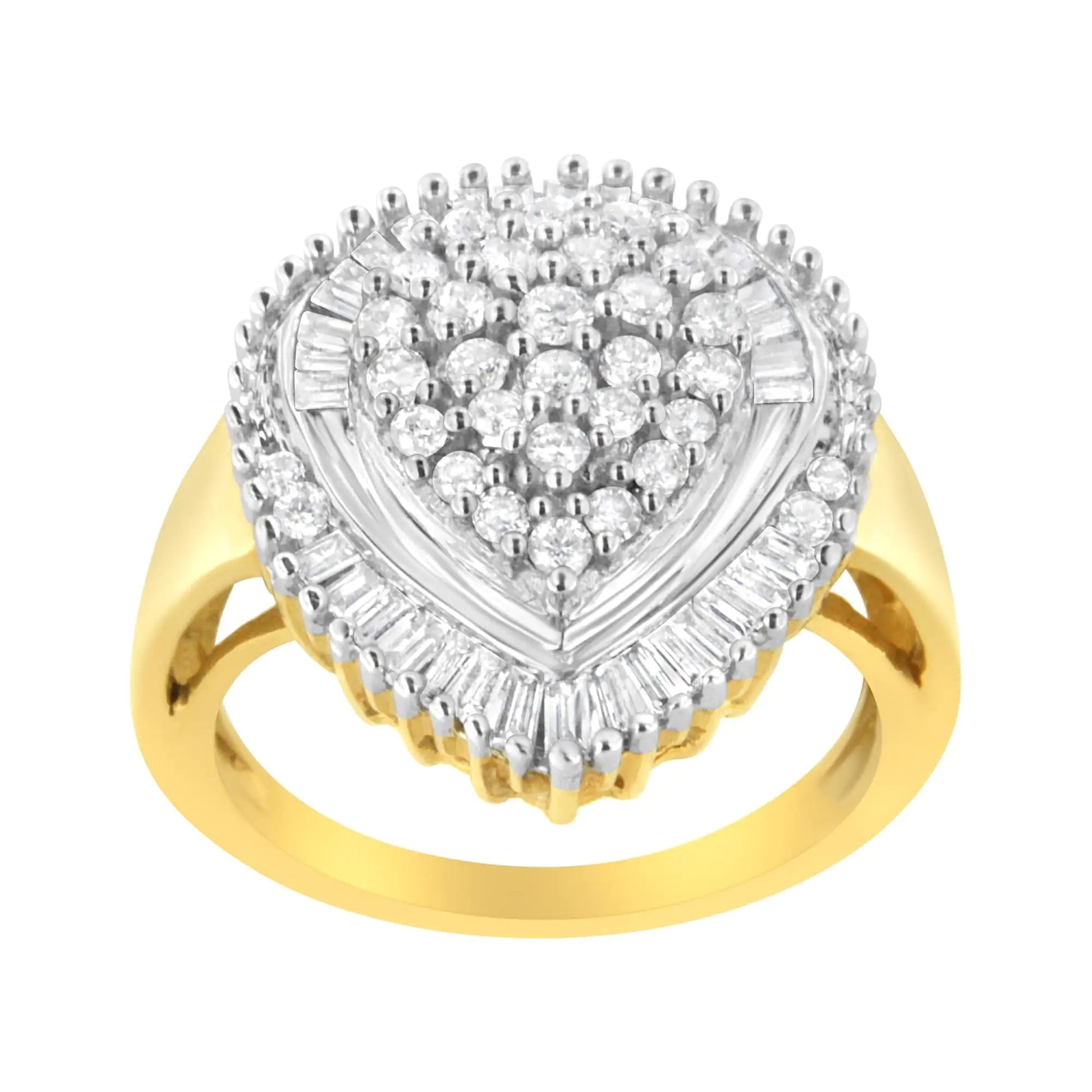 10K Yellow Gold 1.0 Cttw Round and Baguette Cut Diamond Oval Shaped Cluster Ring (I - J Color, I1 - I2 Clarity) - Jaazi Intl