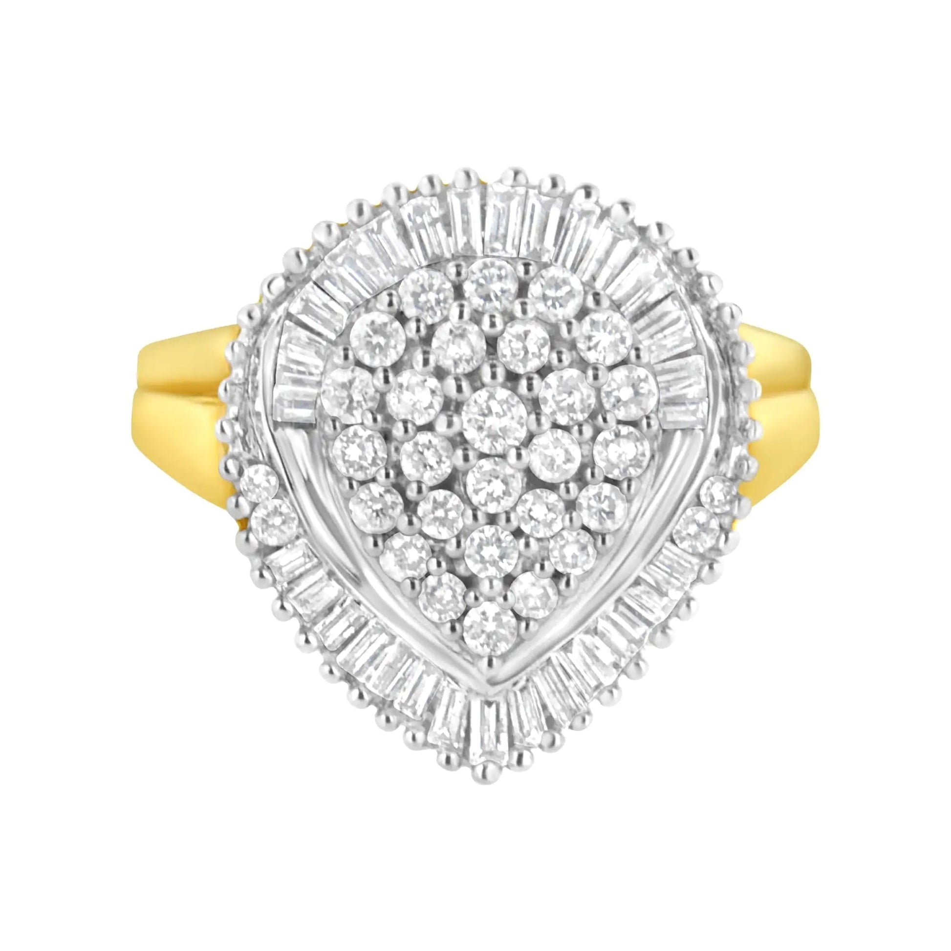 10K Yellow Gold 1.0 Cttw Round and Baguette Cut Diamond Oval Shaped Cluster Ring (I - J Color, I1 - I2 Clarity) - Jaazi Intl