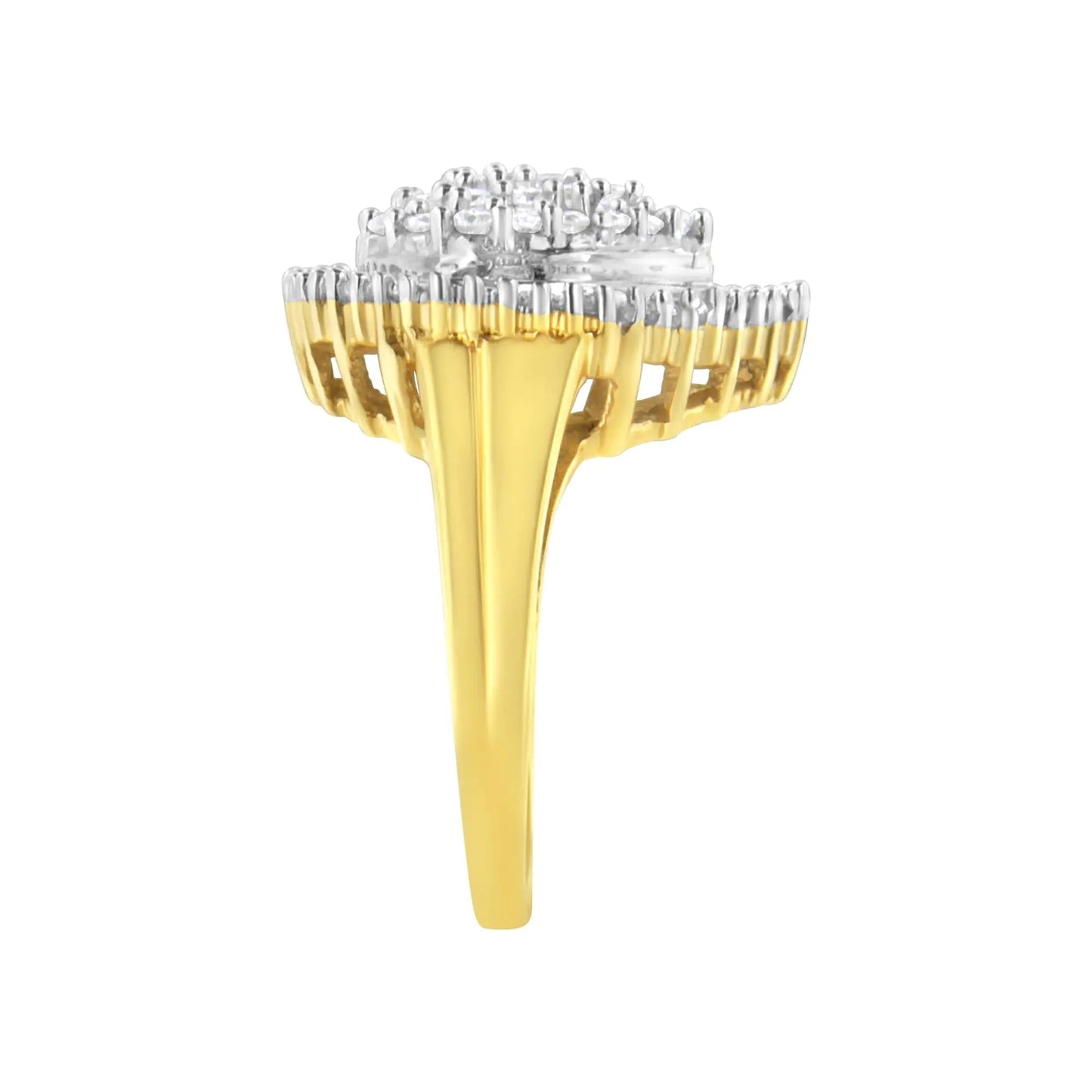 10K Yellow Gold 1.0 Cttw Round and Baguette Cut Diamond Oval Shaped Cluster Ring (I - J Color, I1 - I2 Clarity) - Jaazi Intl