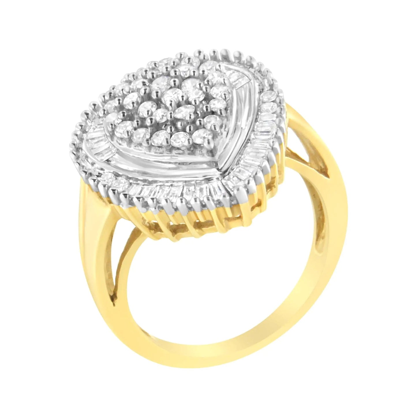 10K Yellow Gold 1.0 Cttw Round and Baguette Cut Diamond Oval Shaped Cluster Ring (I - J Color, I1 - I2 Clarity) - Jaazi Intl