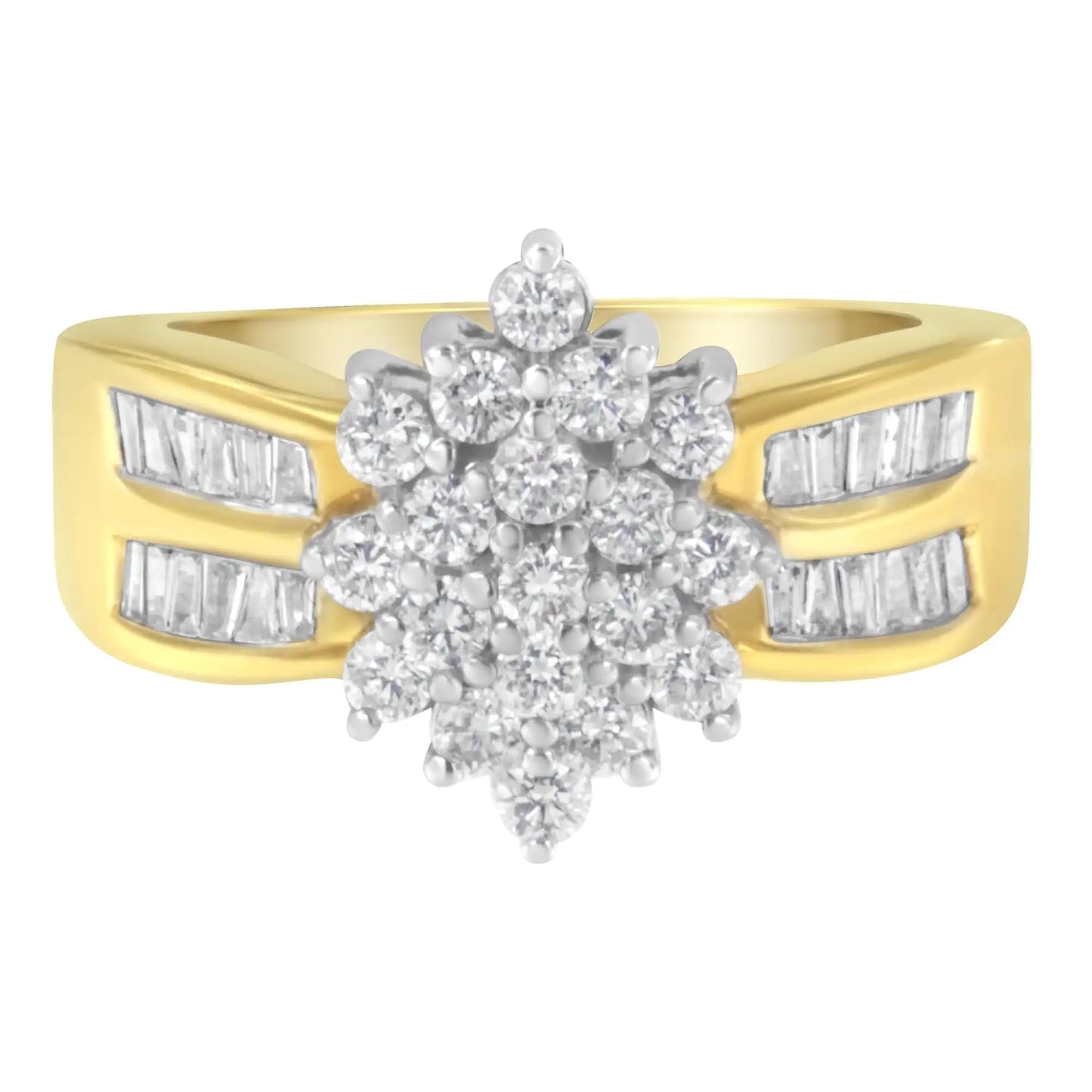 10K Yellow Gold 1.0 Cttw Round & Baguette Cut Diamond Floral Cluster Double - Channel Flared Band Statement Ring (H - I Color, SI2 - I1 Clarity) - Jaazi Intl