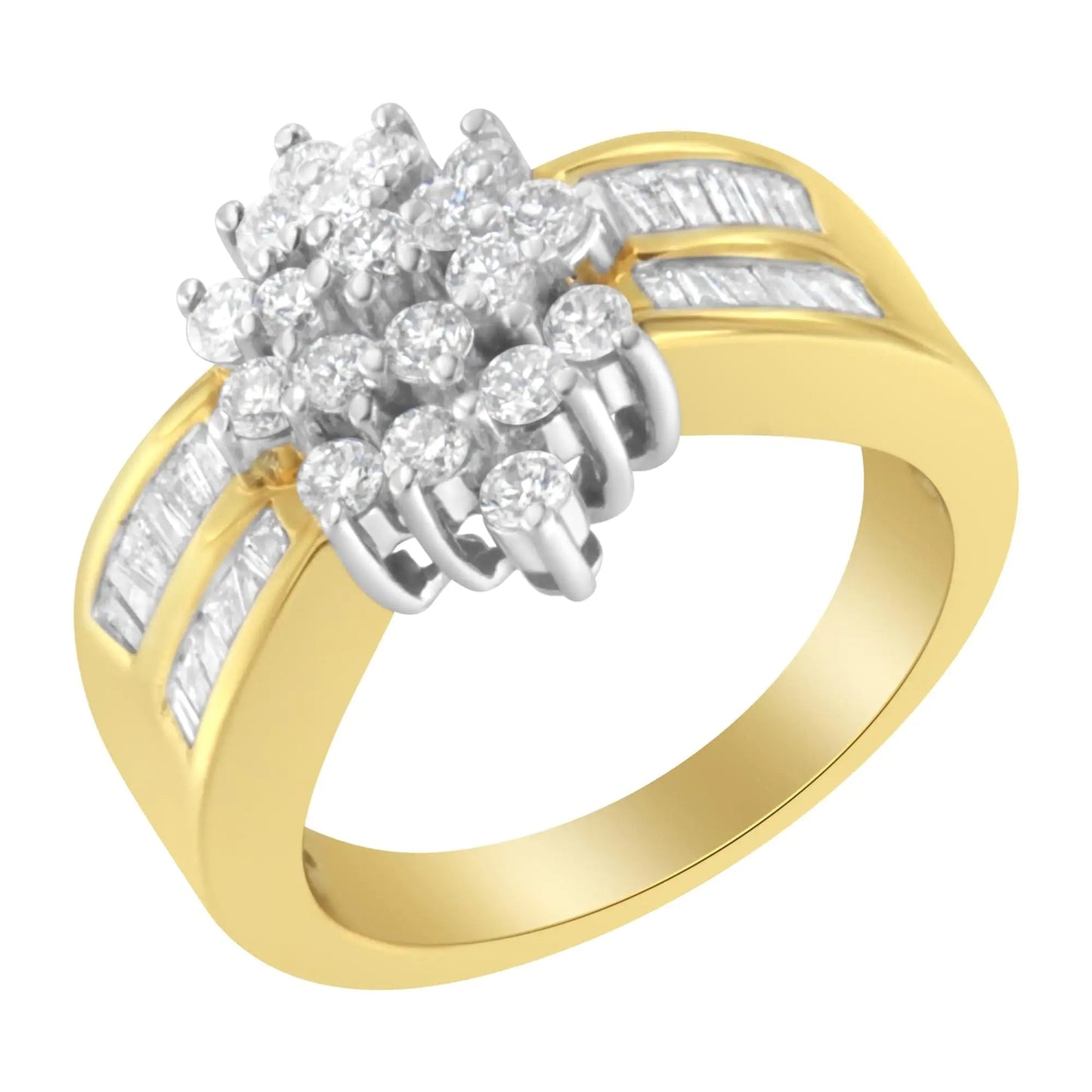 10K Yellow Gold 1.0 Cttw Round & Baguette Cut Diamond Floral Cluster Double - Channel Flared Band Statement Ring (H - I Color, SI2 - I1 Clarity) - Jaazi Intl