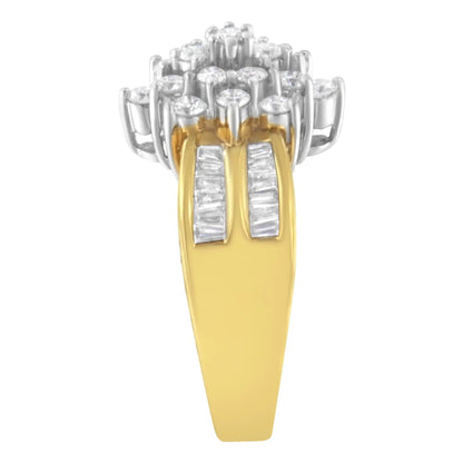 10K Yellow Gold 1.0 Cttw Round & Baguette Cut Diamond Floral Cluster Double - Channel Flared Band Statement Ring (H - I Color, SI2 - I1 Clarity) - Jaazi Intl