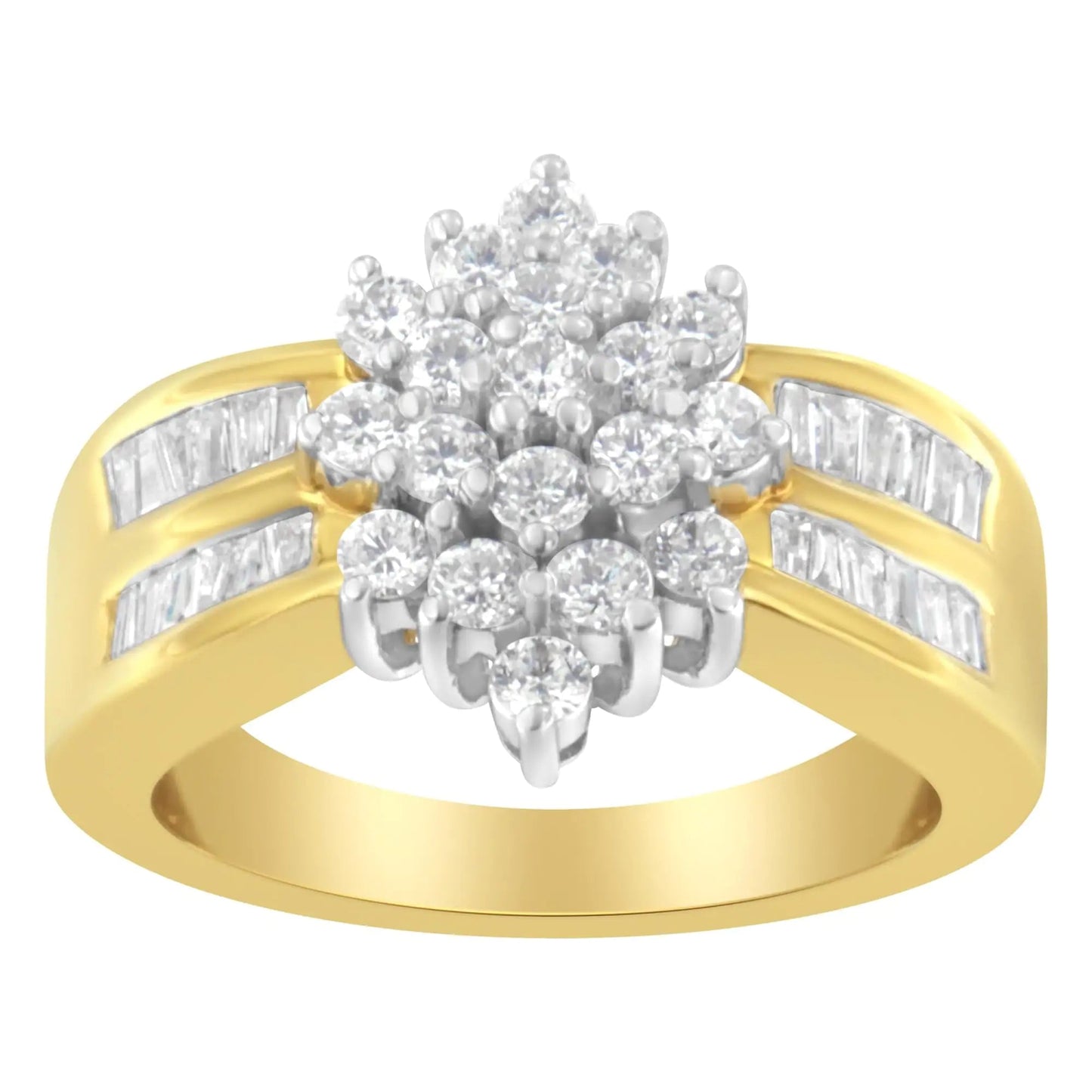 10K Yellow Gold 1.0 Cttw Round & Baguette Cut Diamond Floral Cluster Double - Channel Flared Band Statement Ring (H - I Color, SI2 - I1 Clarity) - Jaazi Intl