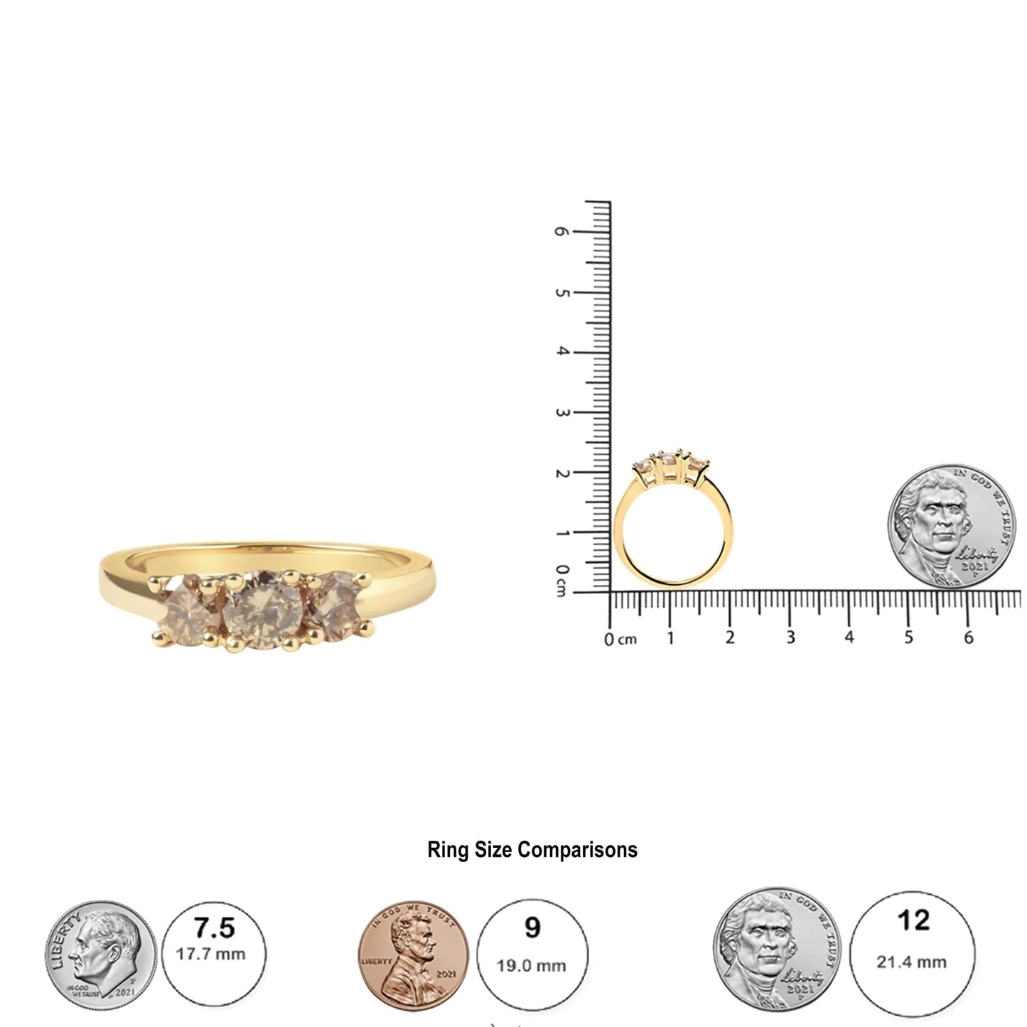 10K Yellow Gold 1.00 Cttw Champagne Diamond 3 - Stone Band Ring (J - K Color, I1 - I2 Clarity) - Jaazi Intl