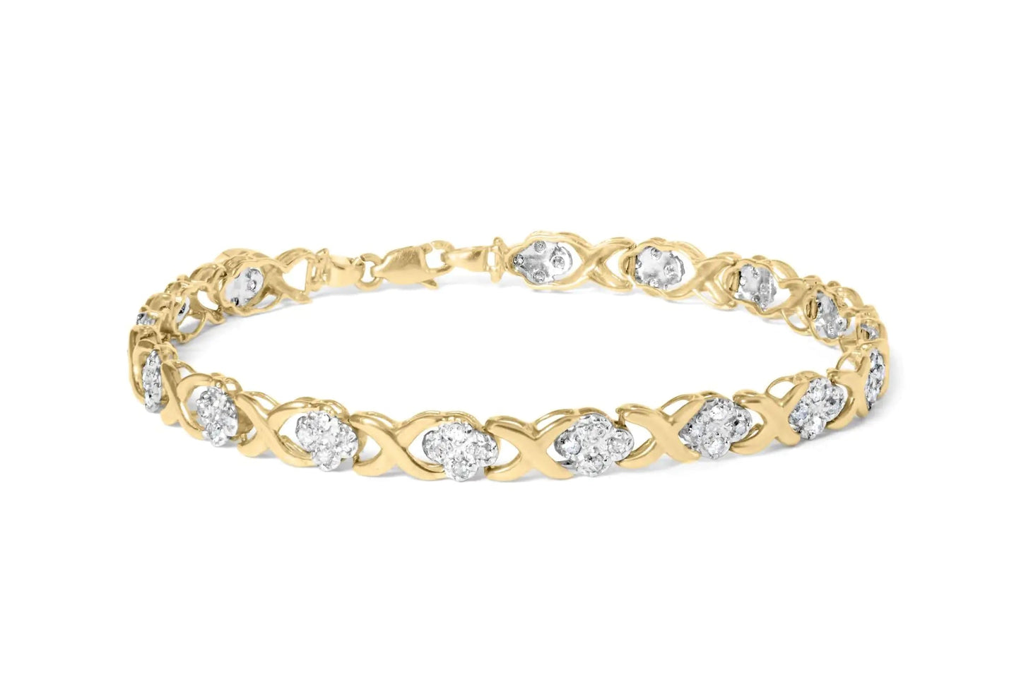 10K Yellow Gold 1.00 Cttw Diamond Cluster X Link Tennis Link 7.50" Bracelet (I - J Color, I2 - I3 Clarity) - Jaazi Intl