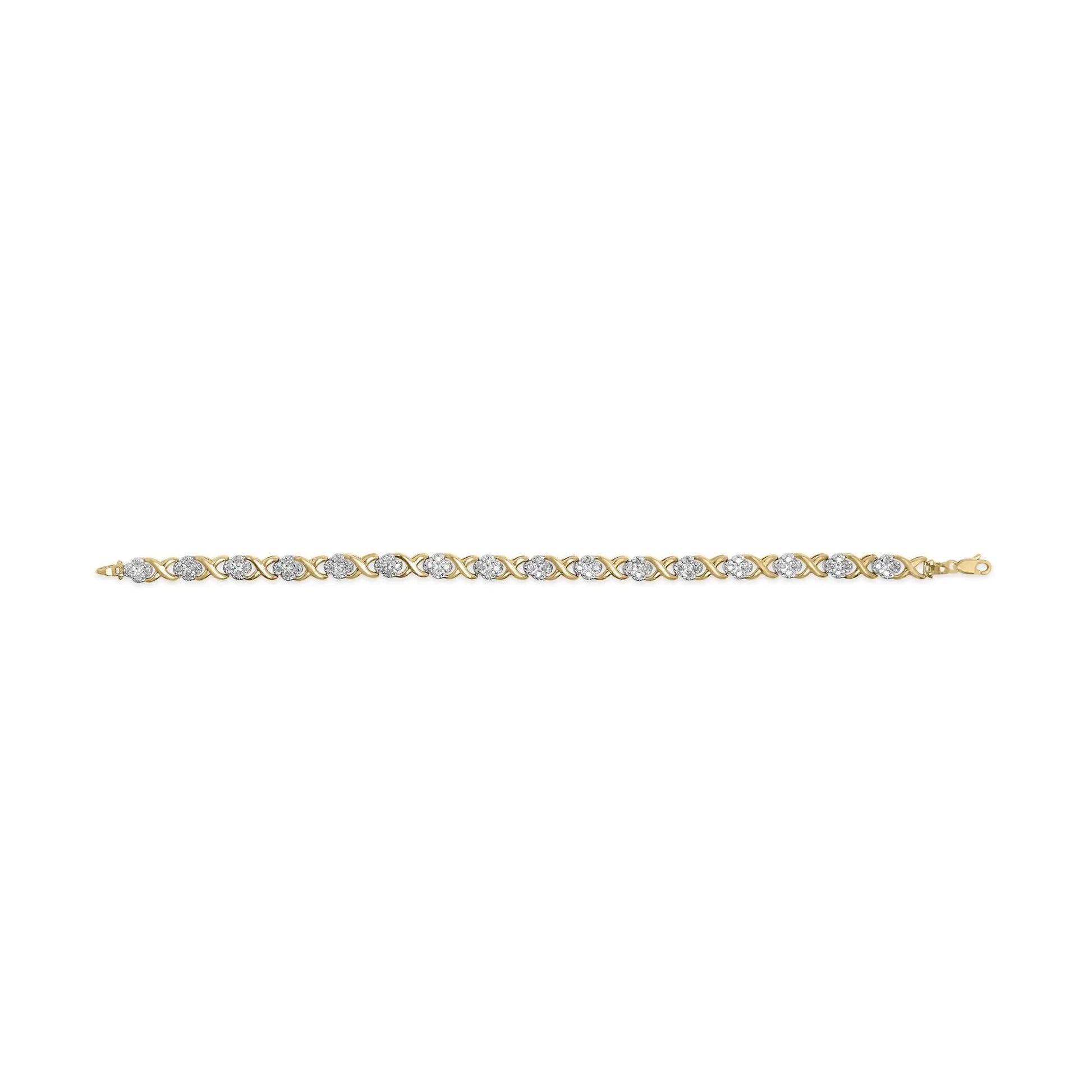 10K Yellow Gold 1.00 Cttw Diamond Cluster X Link Tennis Link 7.50" Bracelet (I - J Color, I2 - I3 Clarity) - Jaazi Intl