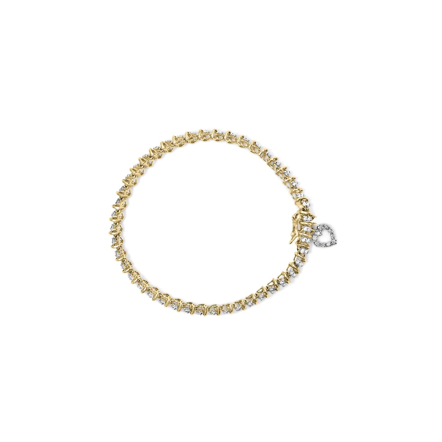 10K Yellow Gold 1.00 Cttw Diamond Spiral Link 7" Bracelet with Heart Charm (H - I Color, I3 Clarity) - Jaazi Intl