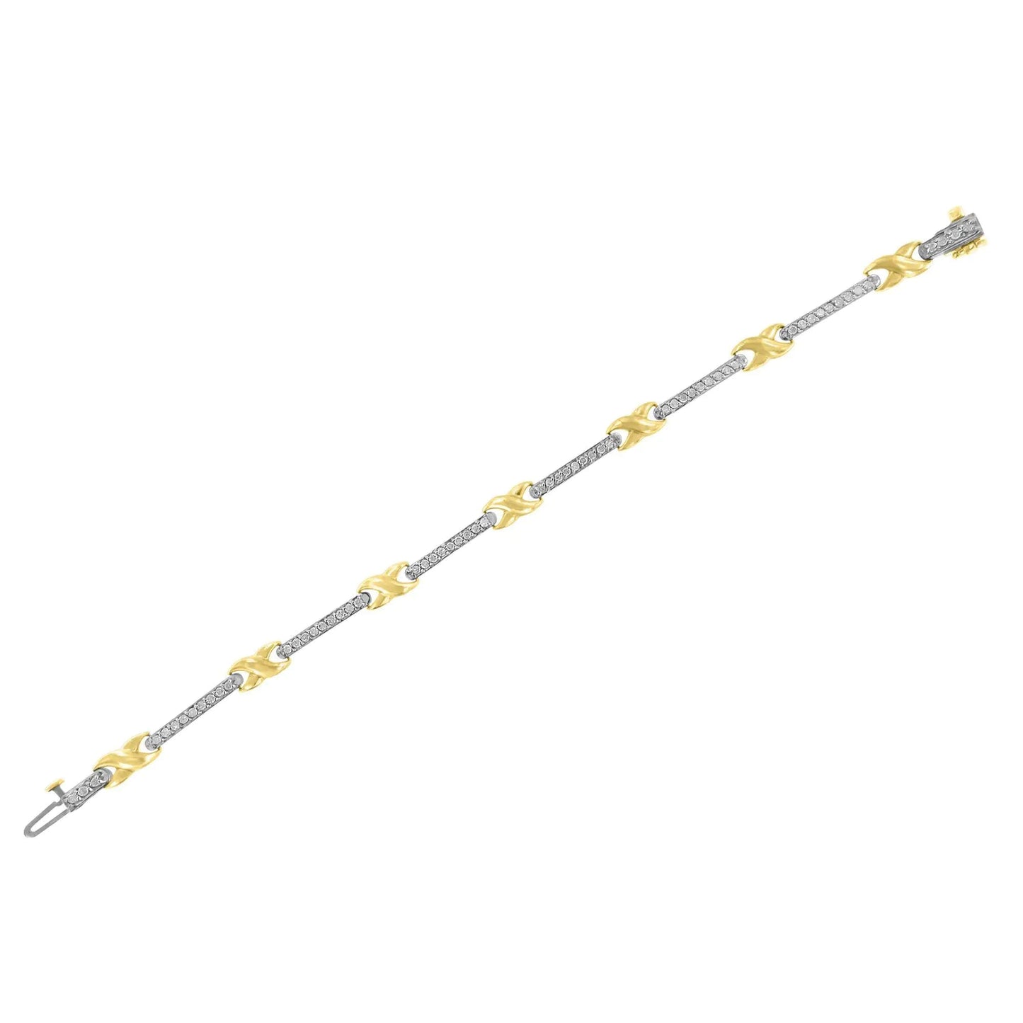 10K Yellow Gold 1.00 Cttw Pave Set Diamond Bar and X - Link 7" Bracelet (I - J Color, I3 Quality) - Jaazi Intl