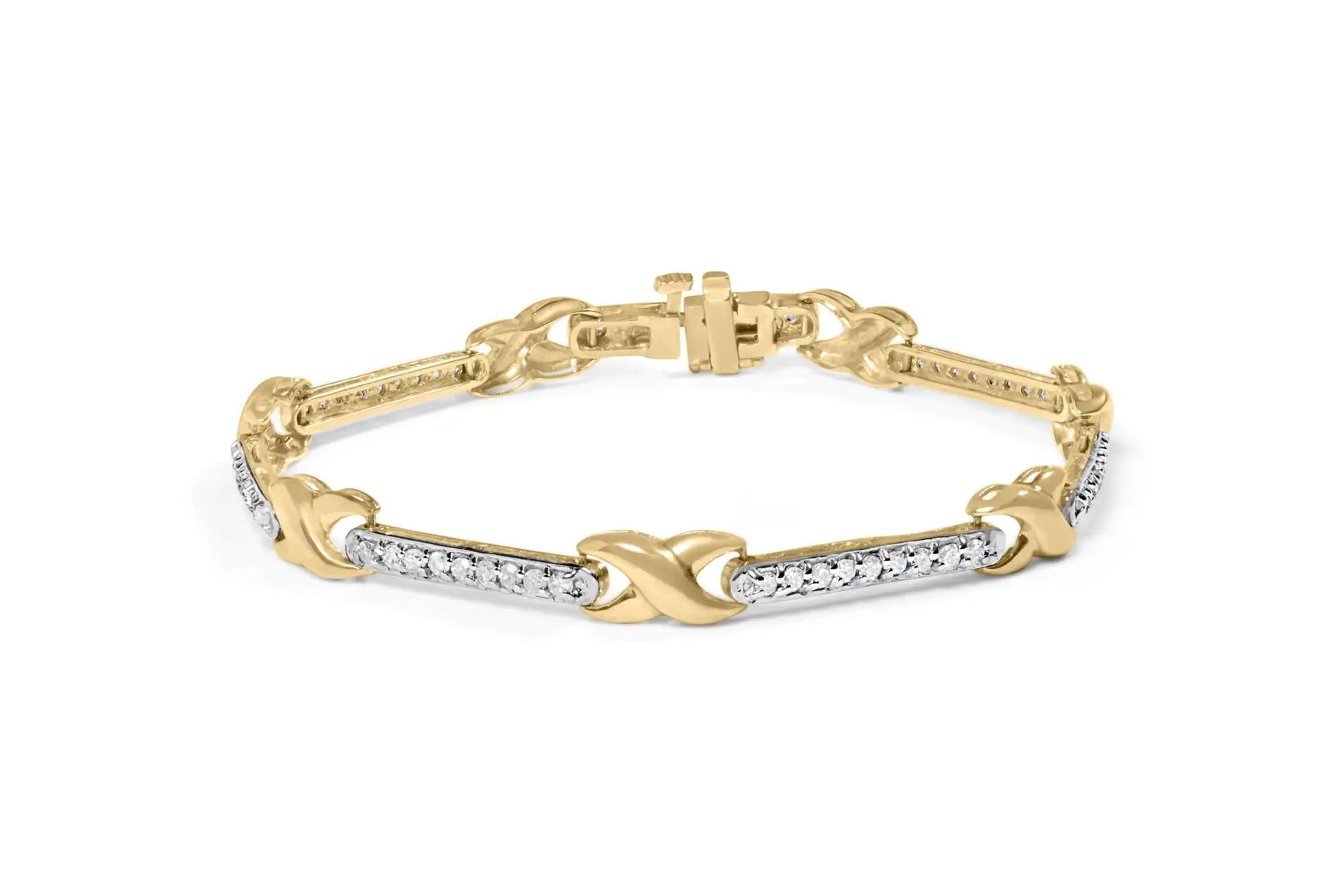 10K Yellow Gold 1.00 Cttw Pave Set Diamond Bar and X - Link 7" Bracelet (I - J Color, I3 Quality) - Jaazi Intl