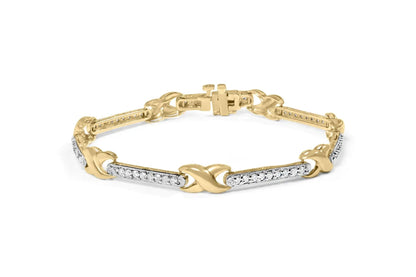 10K Yellow Gold 1.00 Cttw Pave Set Diamond Bar and X - Link 7" Bracelet (I - J Color, I3 Quality) - Jaazi Intl