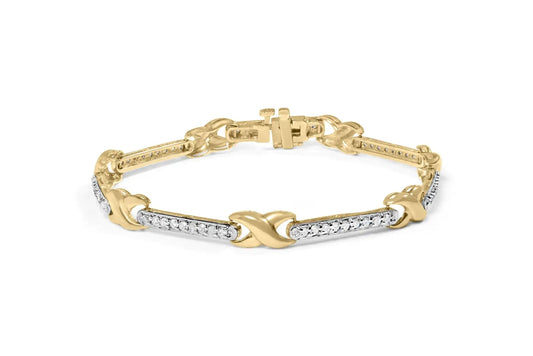 10K Yellow Gold 1.00 Cttw Pave Set Diamond Bar and X - Link 7" Bracelet (I - J Color, I3 Quality) - Jaazi Intl