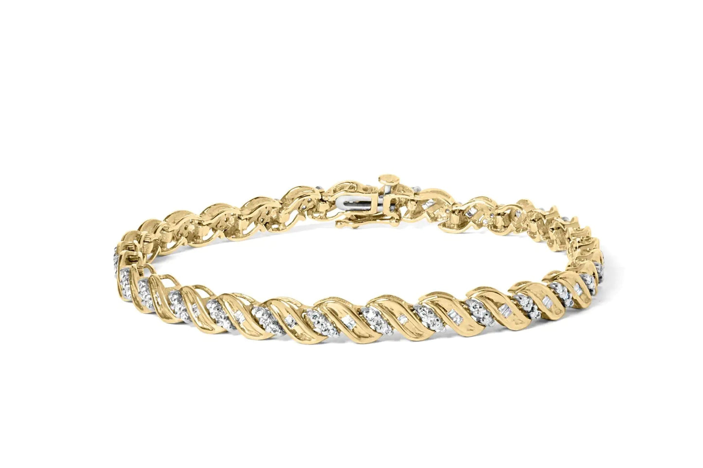 10k Yellow Gold 1.00 Cttw Round - Cut and Baguette - Cut S - Link 7.25" Bracelet (I - J Color, I2 - I3 Clarity) - Jaazi Intl