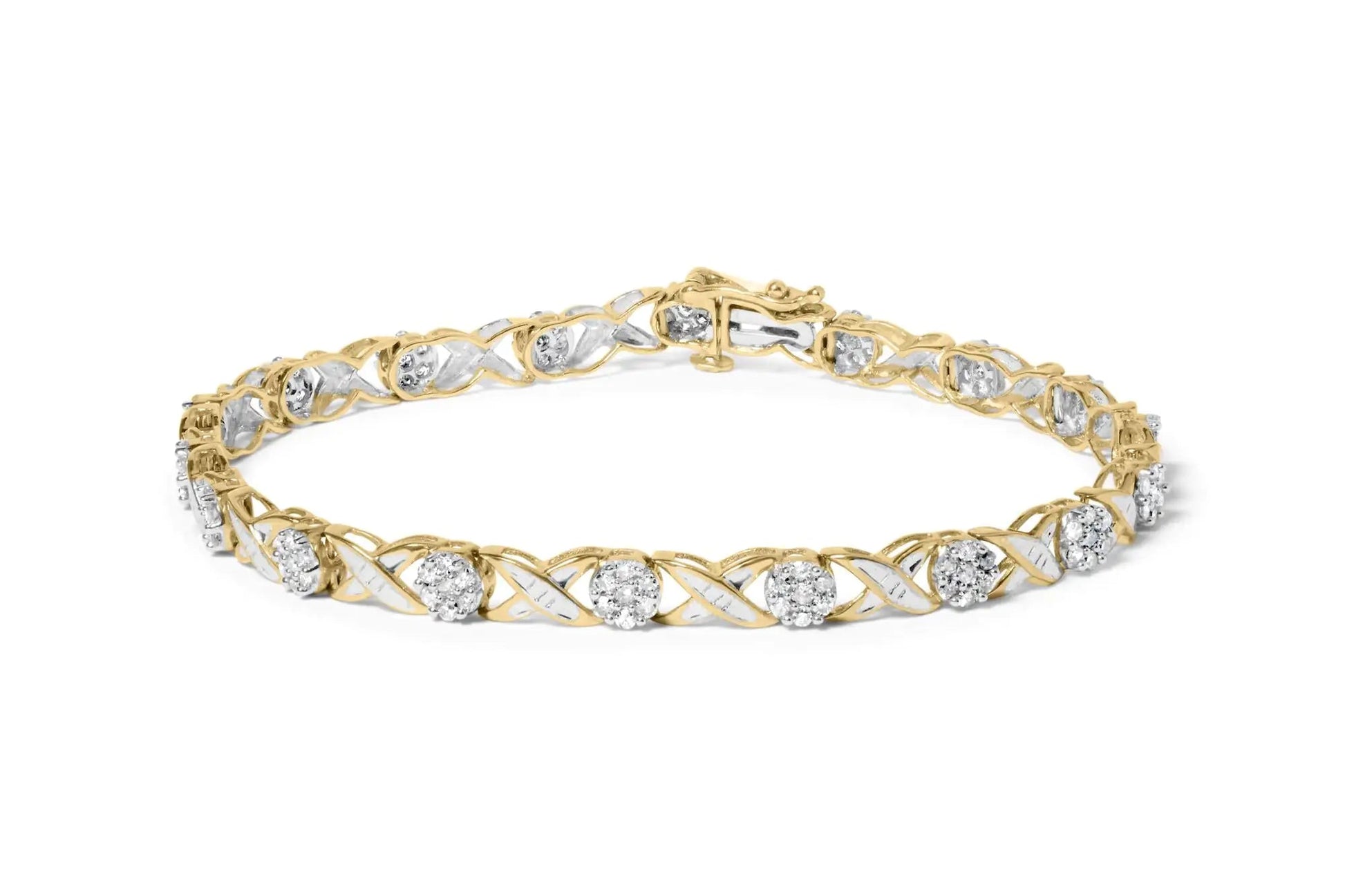 10K Yellow Gold 1.00 Cttw Round Cut Diamond Cross Link 7" Bracelet (I - J Color, I2 - I3 Clarity) - Jaazi Intl