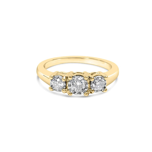 10K Yellow Gold 1/2 Cttw Miracle Set Round Diamond Three Stone Illusion Plate Ring (I - J Color, I2 - I3 Clarity) - Jaazi Intl