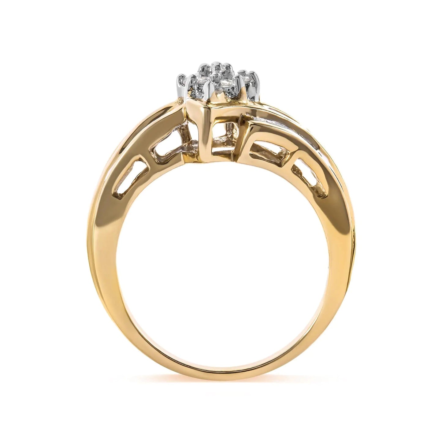 10K Yellow Gold 1/2 Cttw Round And Baguette - cut Diamond Cluster Head and Channel Set Shank Ring (H - I Color, I1 - I2 Clarity) - Jaazi Intl