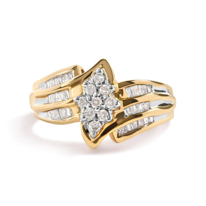 10K Yellow Gold 1/2 Cttw Round And Baguette - cut Diamond Cluster Head and Channel Set Shank Ring (H - I Color, I1 - I2 Clarity) - Jaazi Intl