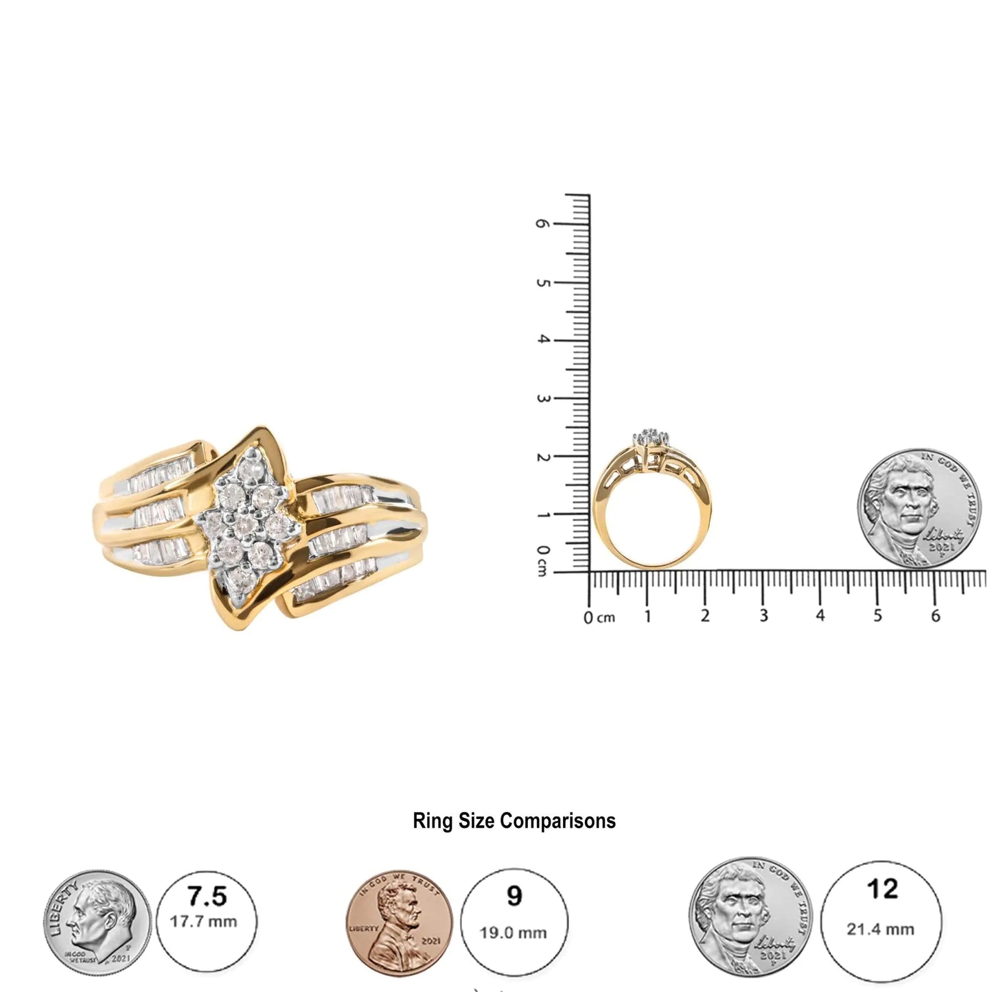 10K Yellow Gold 1/2 Cttw Round And Baguette - cut Diamond Cluster Head and Channel Set Shank Ring (H - I Color, I1 - I2 Clarity) - Jaazi Intl