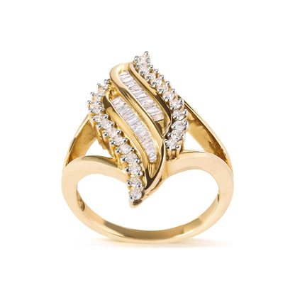 10K Yellow Gold 1/2 Cttw Round and Baguette Cut Diamond Cocktail Ring (H - I Color, I1 - I2 Clarity) - Jaazi Intl