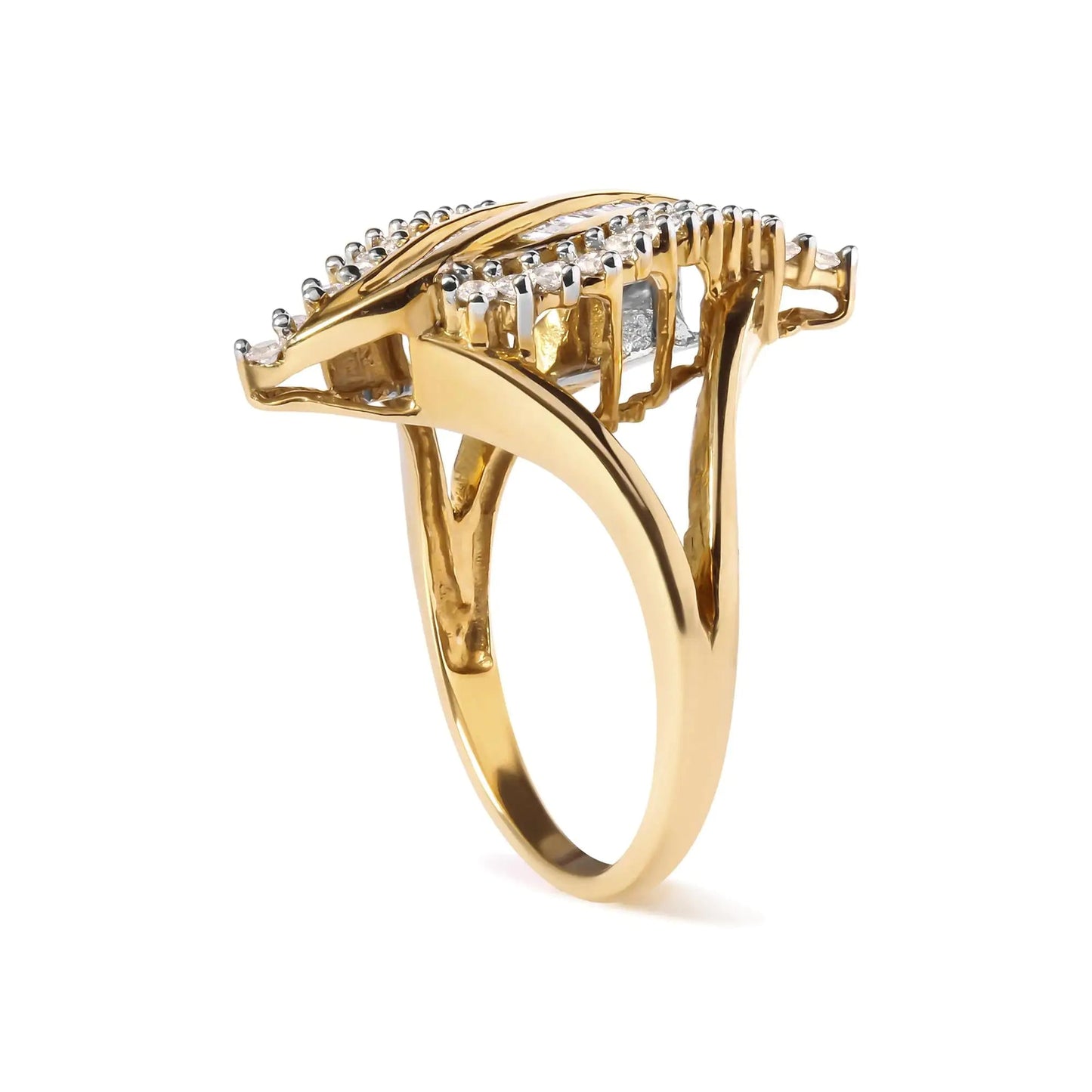 10K Yellow Gold 1/2 Cttw Round and Baguette Cut Diamond Cocktail Ring (H - I Color, I1 - I2 Clarity) - Jaazi Intl