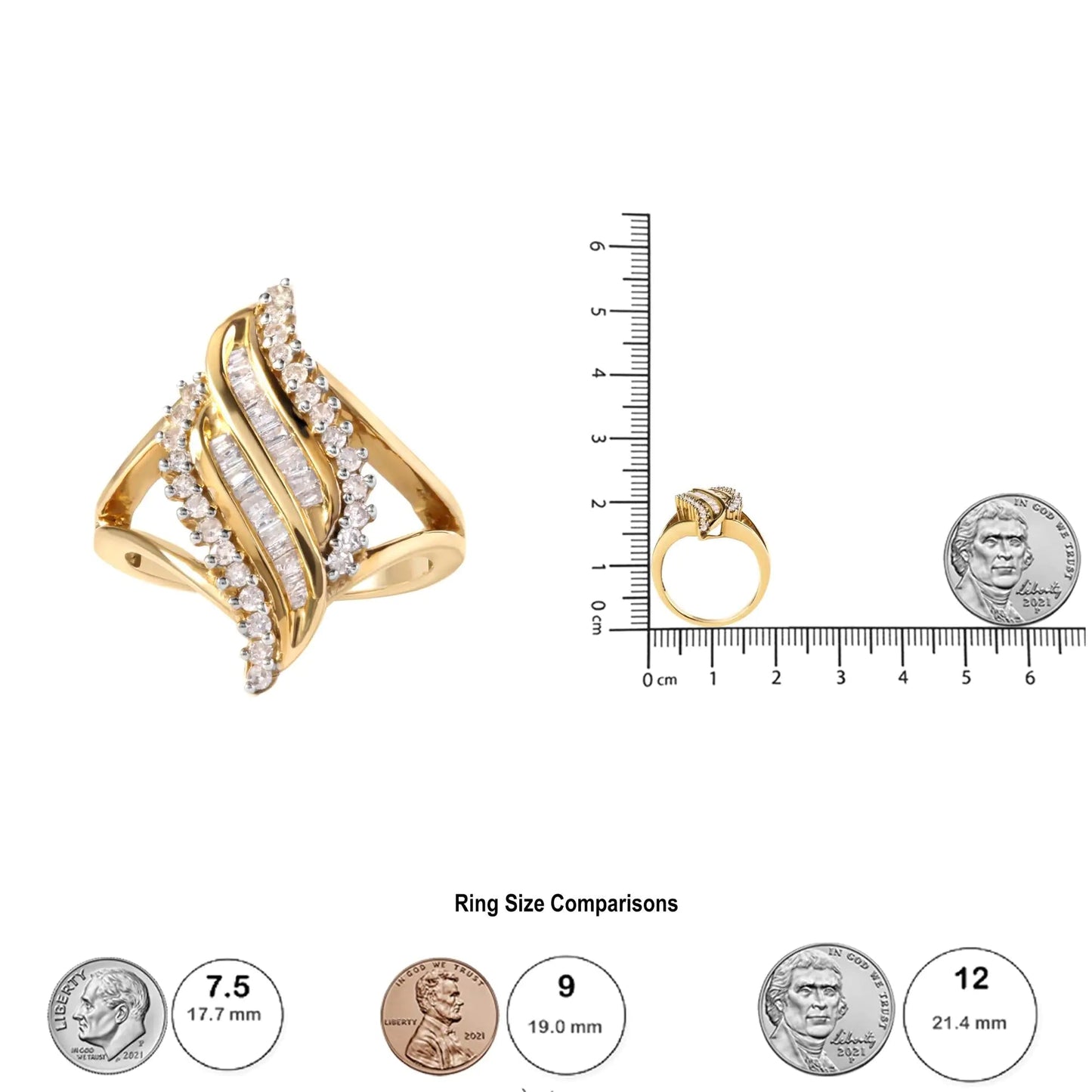 10K Yellow Gold 1/2 Cttw Round and Baguette Cut Diamond Cocktail Ring (H - I Color, I1 - I2 Clarity) - Jaazi Intl