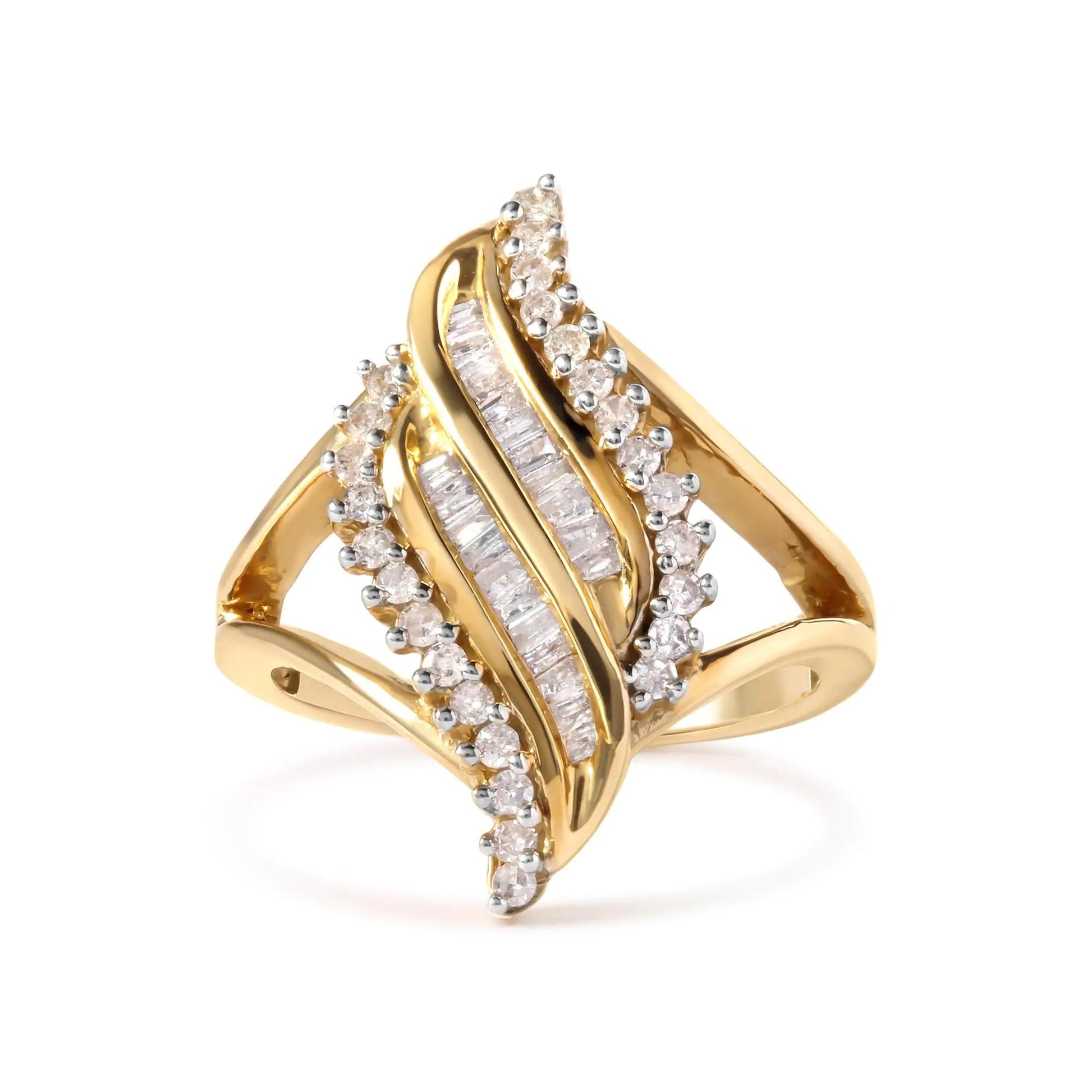 10K Yellow Gold 1/2 Cttw Round and Baguette Cut Diamond Cocktail Ring (H - I Color, I1 - I2 Clarity) - Jaazi Intl