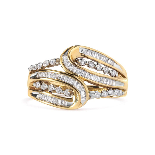 10K Yellow Gold 1/2 Cttw Round and Baguette cut Diamond Open Space Bypass Ring (H - I Color, SI2 - I1 Clarity) - Jaazi Intl