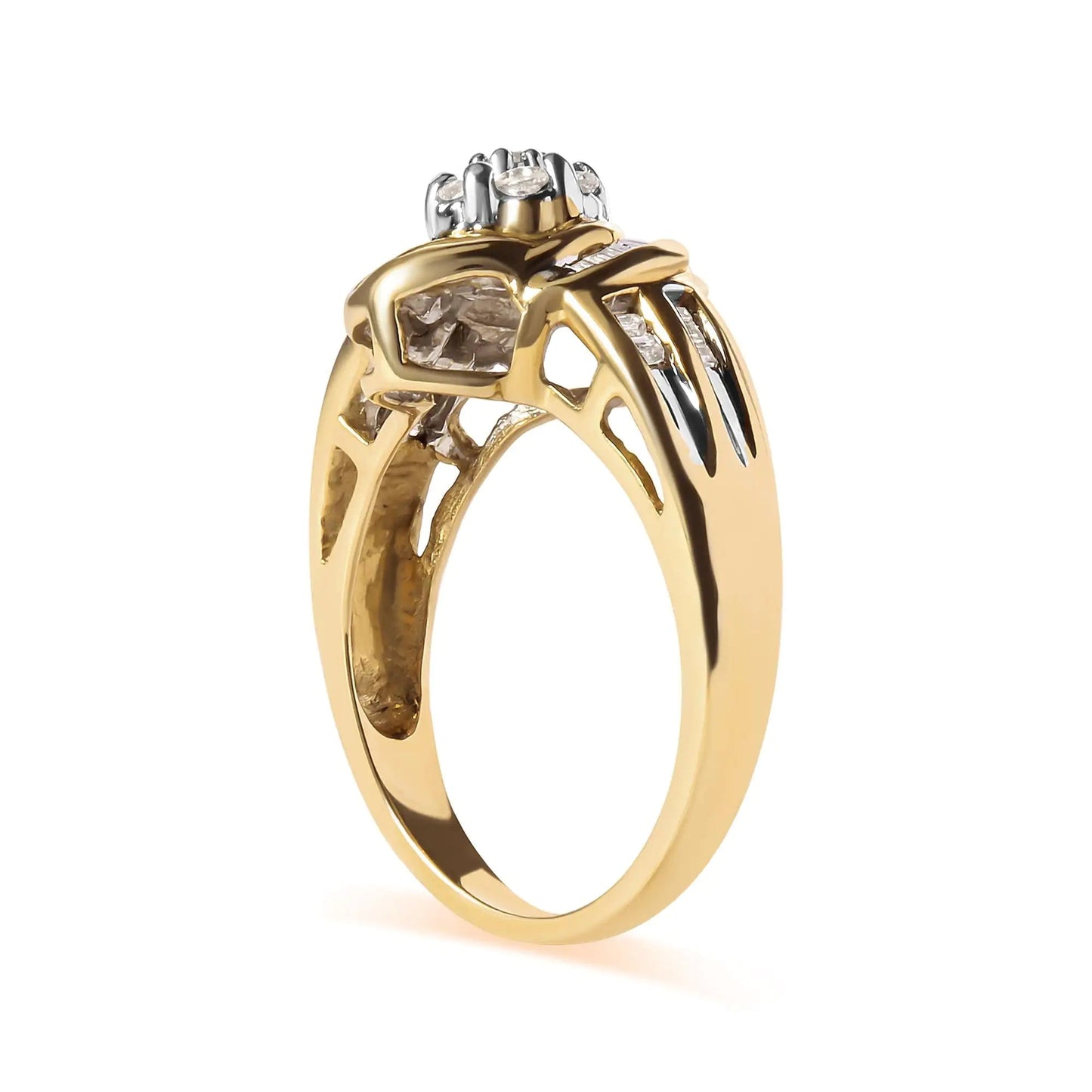 10K Yellow Gold 1/2 Cttw Round and Baguette Diamond Flower Swirl Cocktail Ring (I - J Color, SI2 - I1 Clarity) - Jaazi Intl