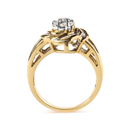 10K Yellow Gold 1/2 Cttw Round and Baguette Diamond Flower Swirl Cocktail Ring (I - J Color, SI2 - I1 Clarity) - Jaazi Intl