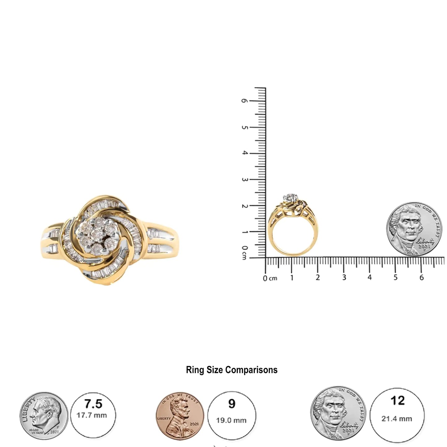 10K Yellow Gold 1/2 Cttw Round and Baguette Diamond Flower Swirl Cocktail Ring (I - J Color, SI2 - I1 Clarity) - Jaazi Intl